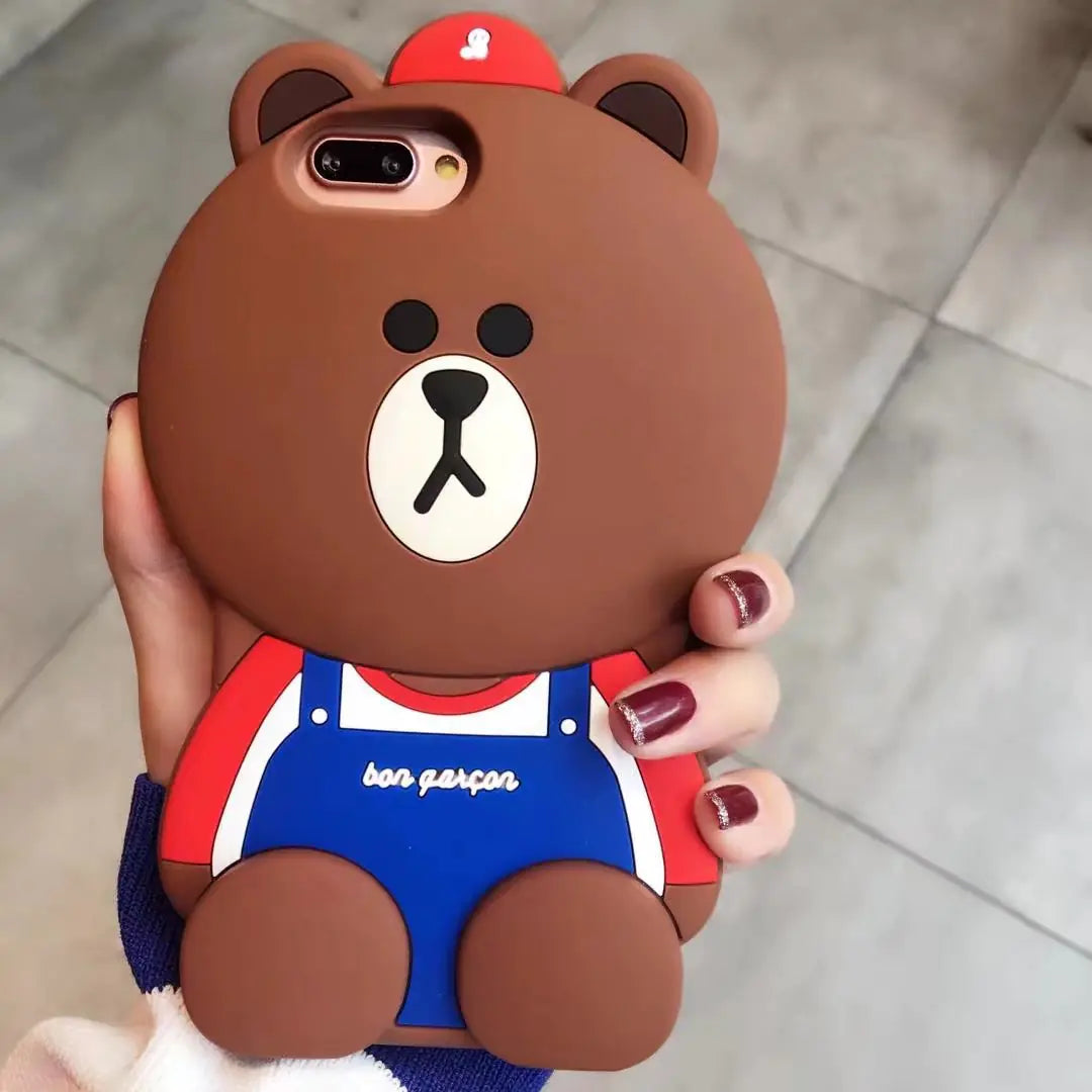 Cartoon Bear Striped Denim Phone Case, Silicone Cover