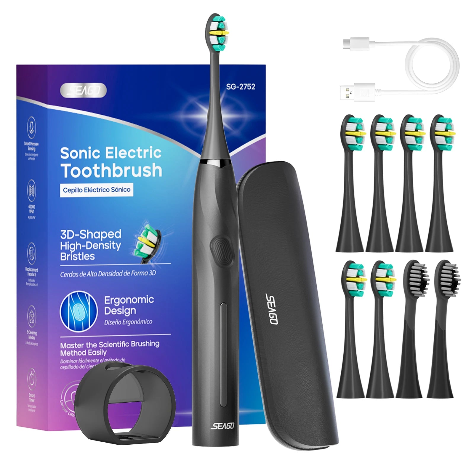 SEAGO SG2752 Rechargeable Sonic Electric Toothbrush Seamless Button Adult Dental Care 5 Modes Pressure Sensor Deep Clean