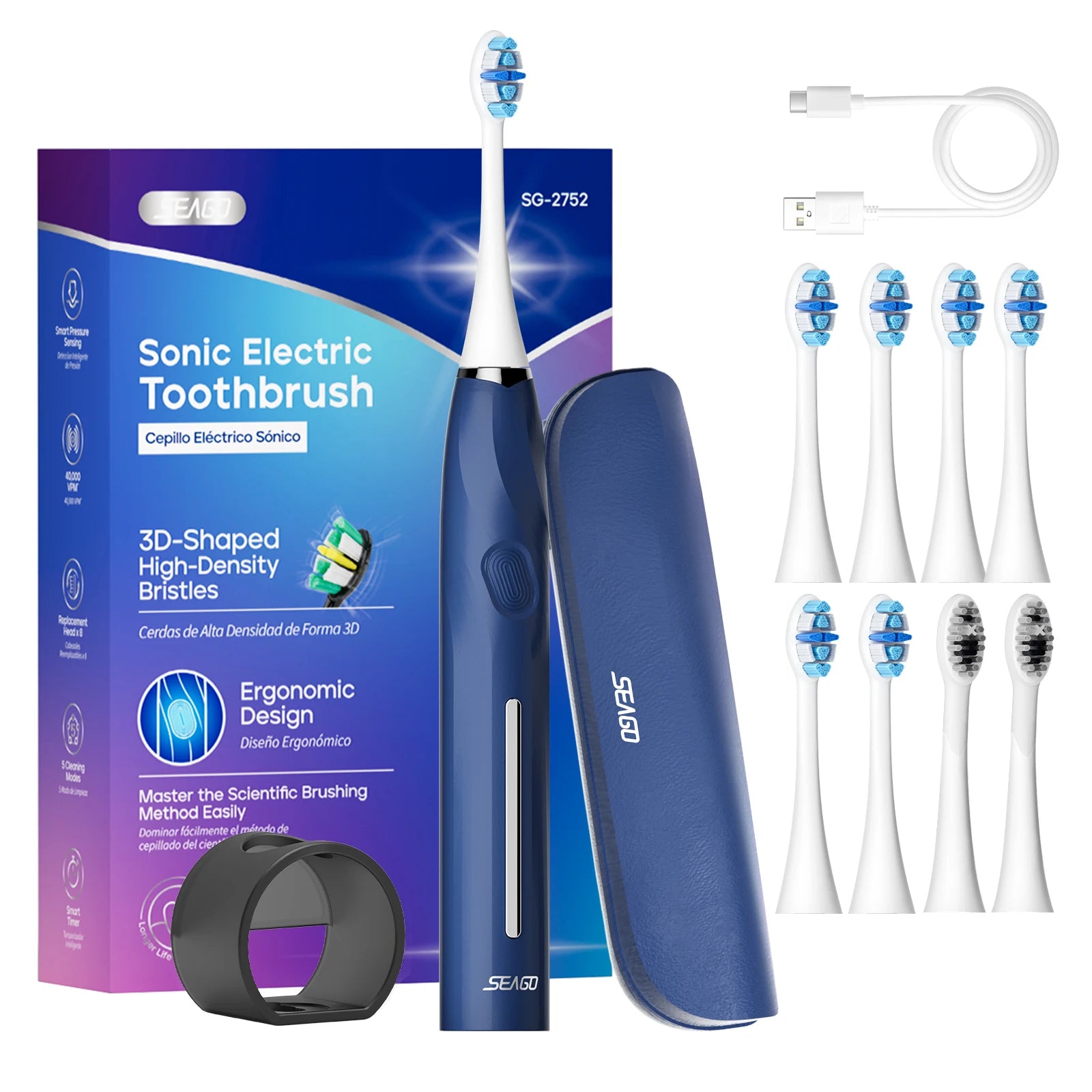 SEAGO SG2752 Rechargeable Sonic Electric Toothbrush Seamless Button Adult Dental Care 5 Modes Pressure Sensor Deep Clean