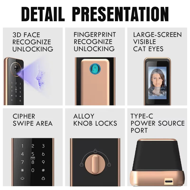 Waterproof Tuya Wifi Cerradura Digital Nfc Face Recognition Palm Vein Smart Door Lock with Camera and Fingerprint