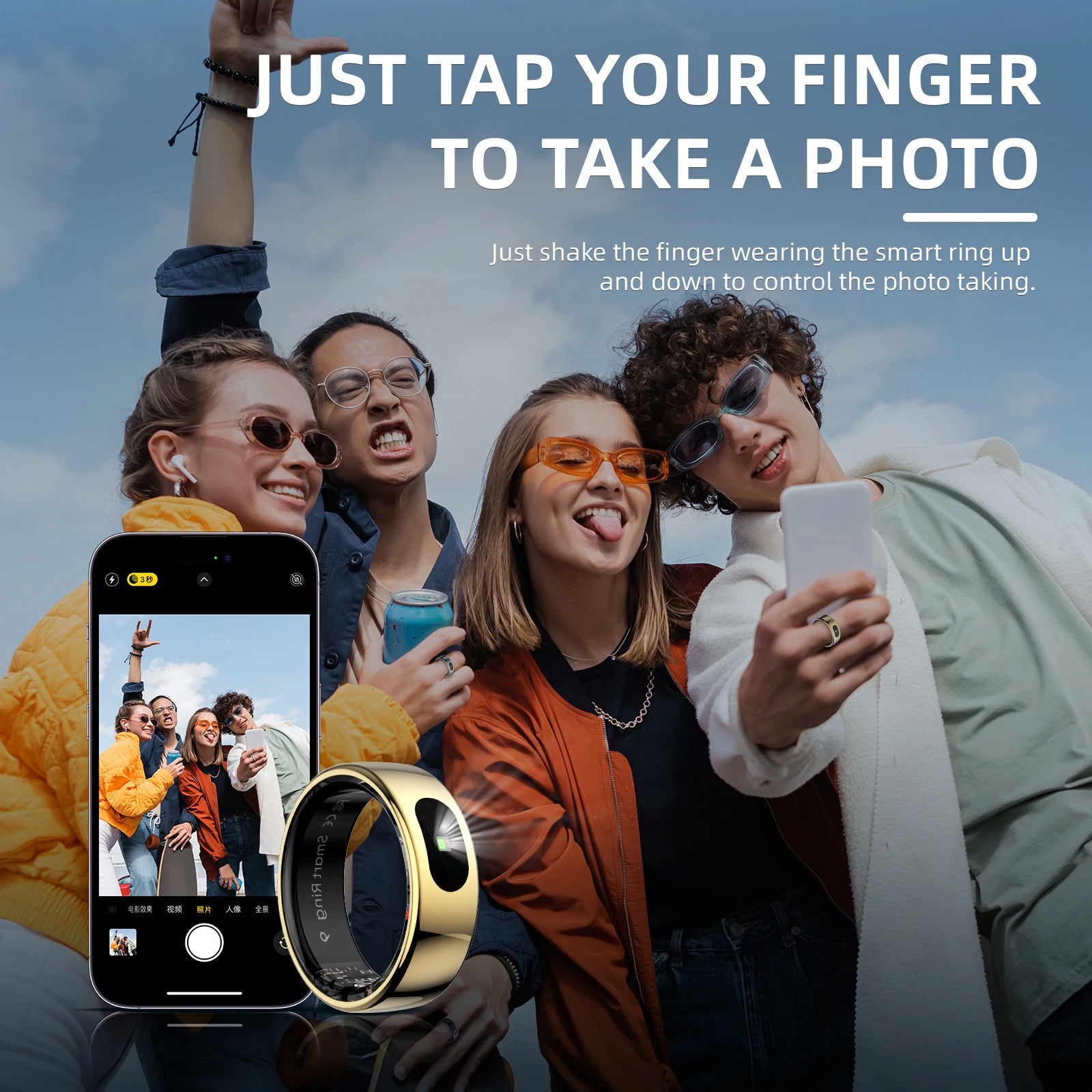 Smart Fitness Ring - Sleep/HR Monitor, Alerts, Gesture Control, LED