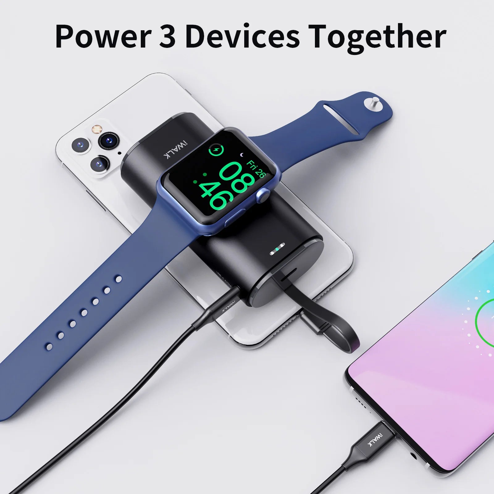 2025 Trending iPhone Iwatch Magnetic Wireless Power Bank 9000mah High Capacity Small Size Portable Charger with Bulit-in Cable