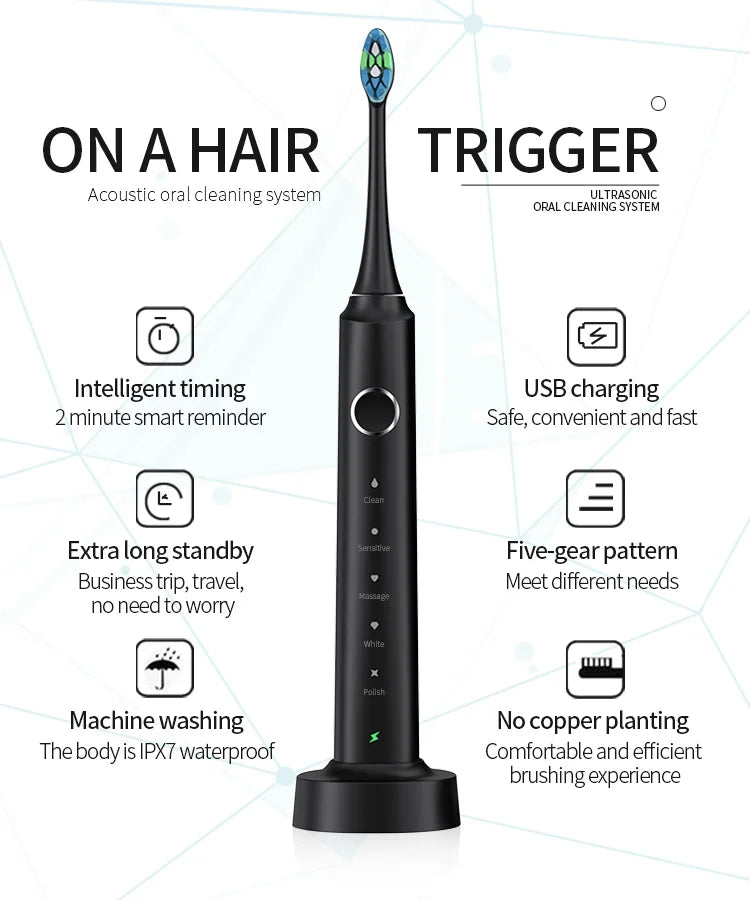 Hot Sale Cheap Automatic Sonic Toothbrush Slim Smart Rechargeable Teeth Whitening Black Electric Toothbrush with Charger Adults