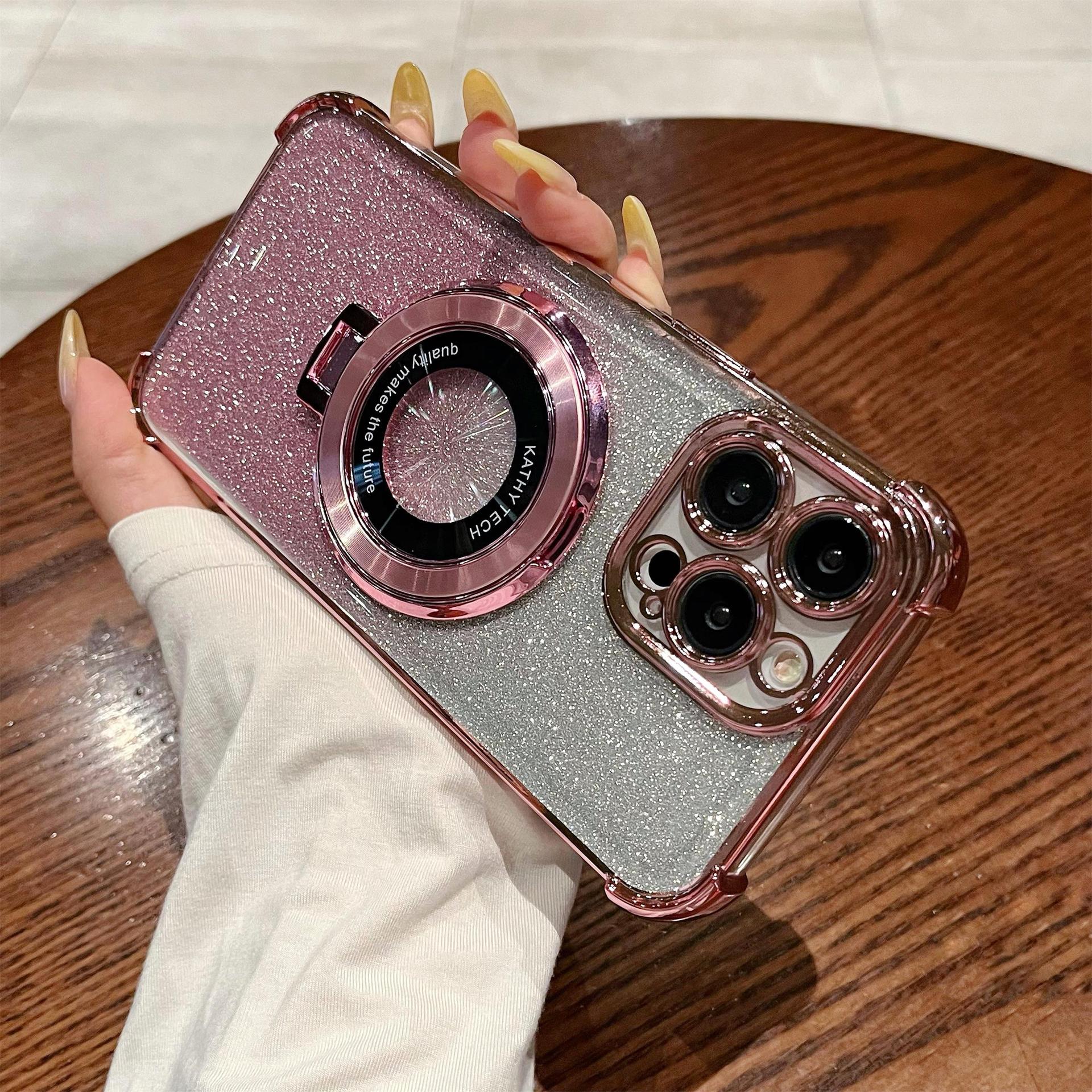 iPhone16 electroplated four-corner anti-drop mobile phone case magnetic suction bracket is suitable for Apple 15 gradual change glitter protective cover 13