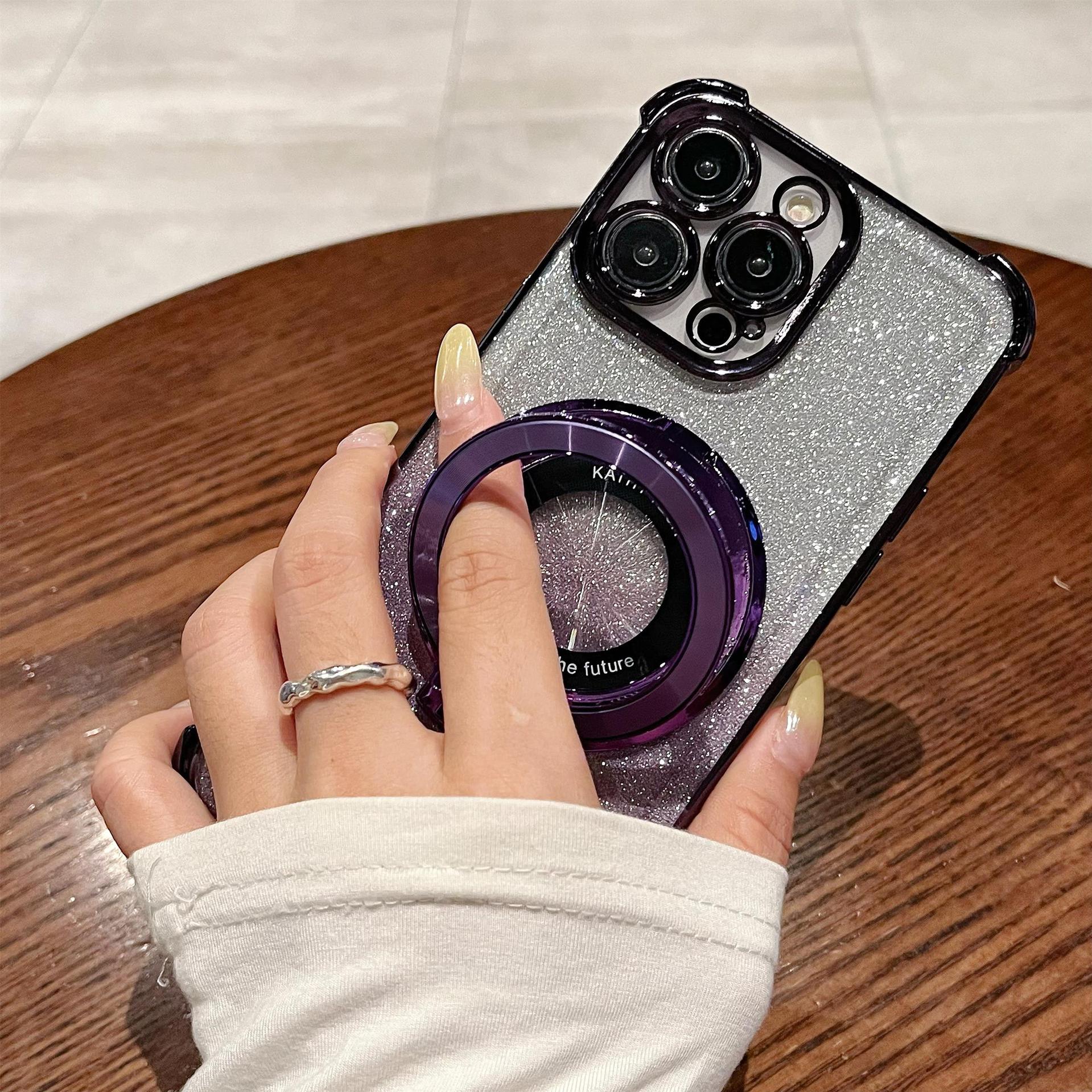 iPhone16 electroplated four-corner anti-drop mobile phone case magnetic suction bracket is suitable for Apple 15 gradual change glitter protective cover 13