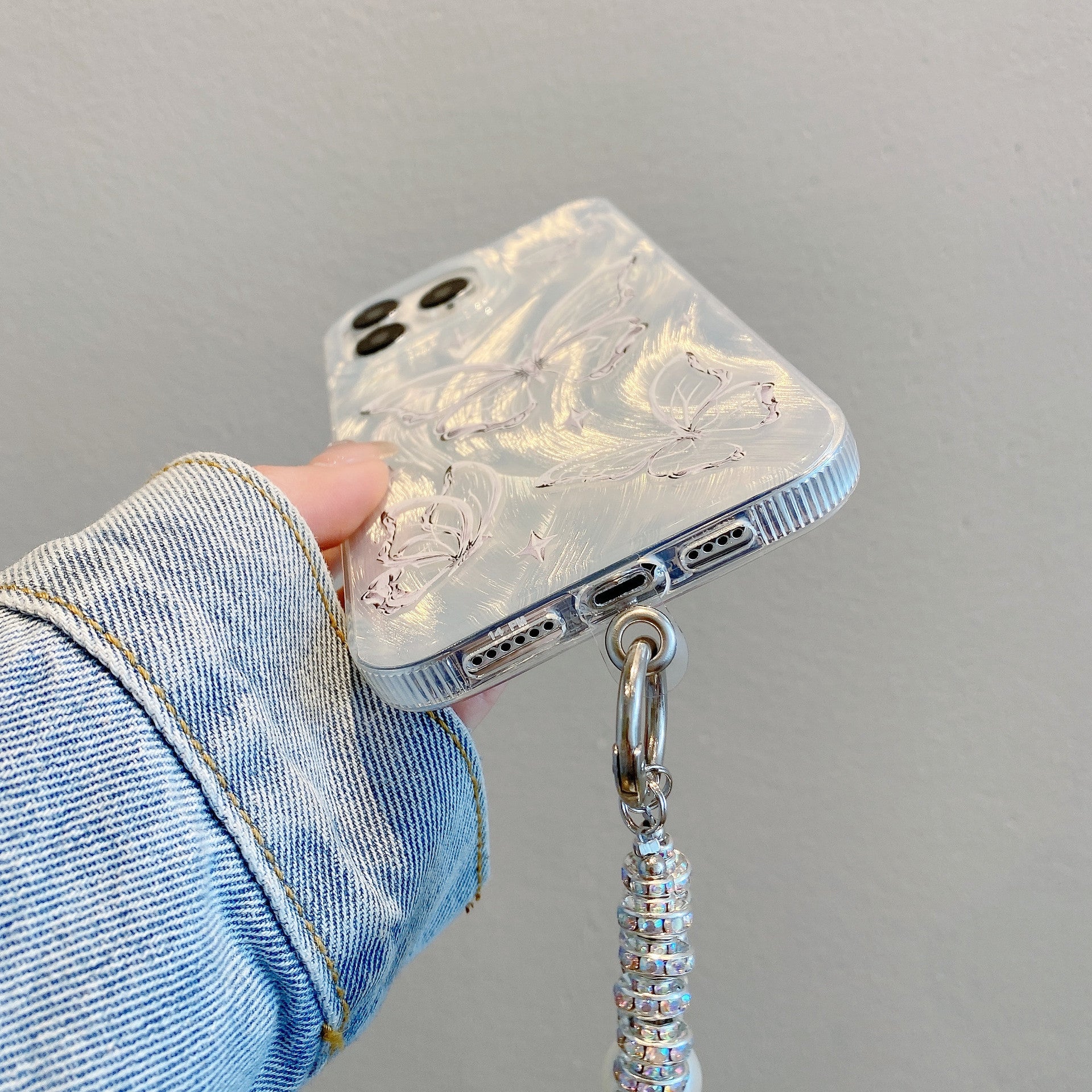 Applicable to iPhone15 Premium Feather Shell Apple 16 Butterfly Pearl Chain Apple 11 Silver Hard Shell Protective Case