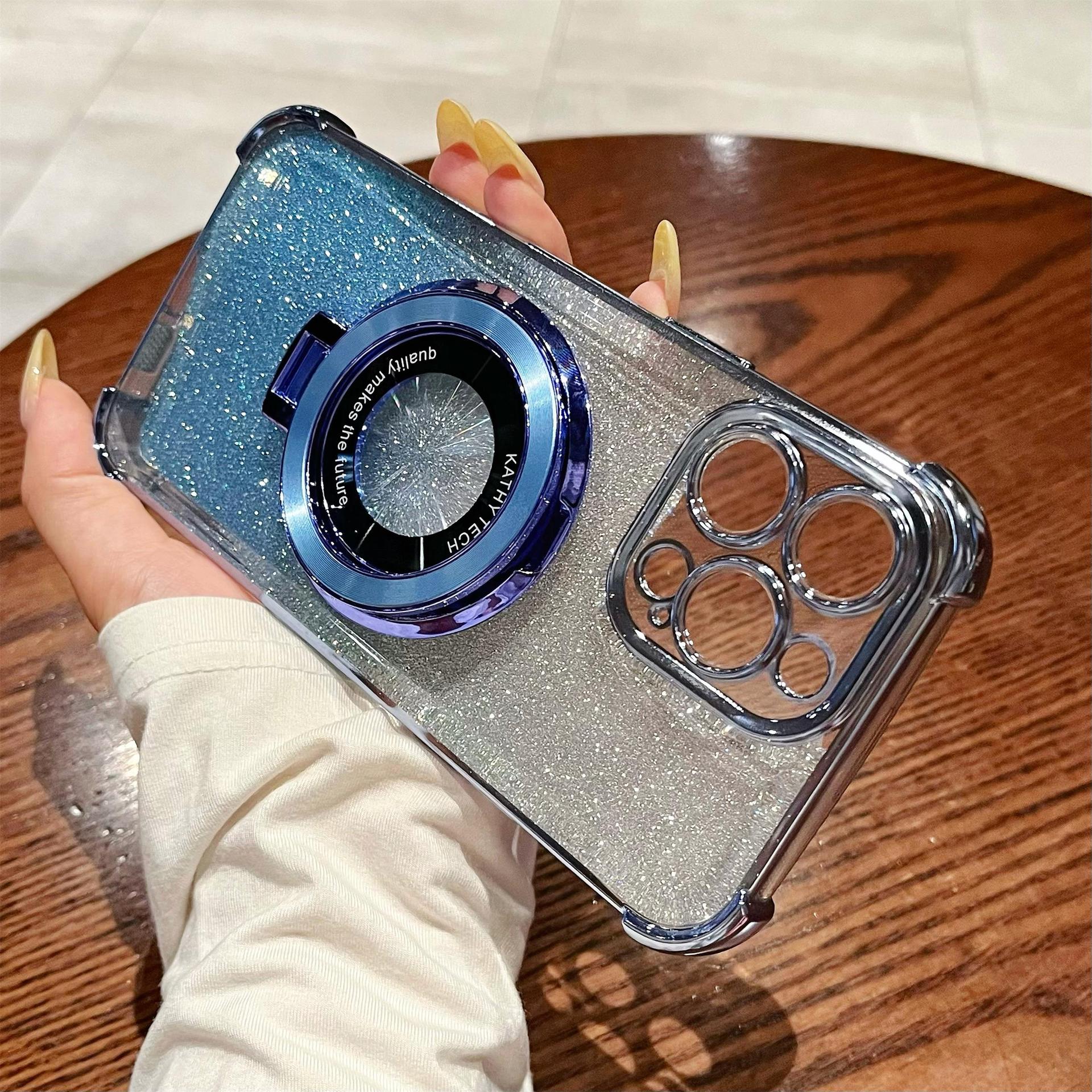 iPhone16 electroplated four-corner anti-drop mobile phone case magnetic suction bracket is suitable for Apple 15 gradual change glitter protective cover 13