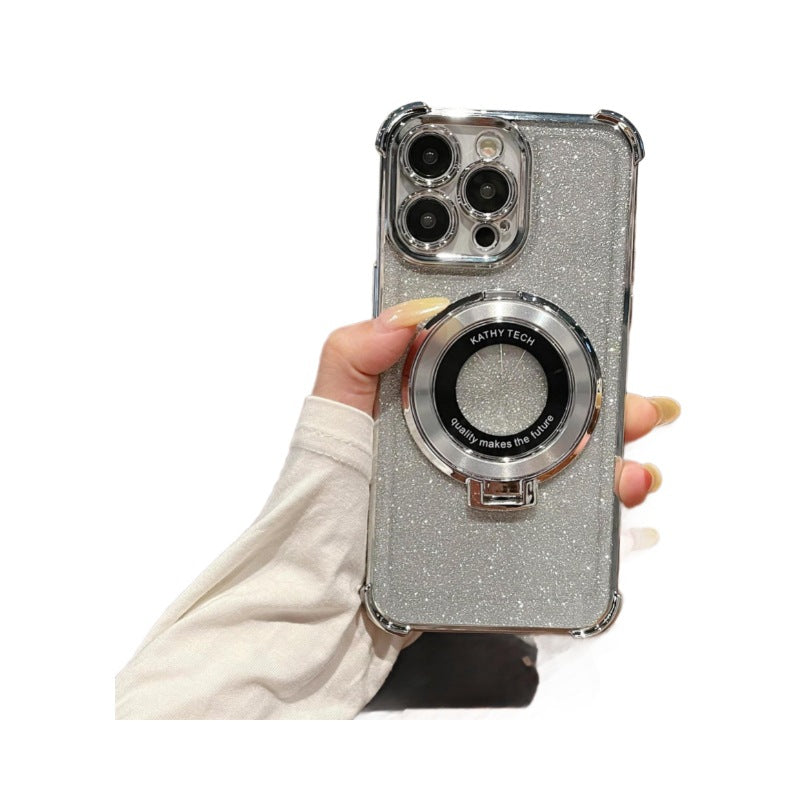 iPhone16 electroplated four-corner anti-drop mobile phone case magnetic suction bracket is suitable for Apple 15 gradual change glitter protective cover 13