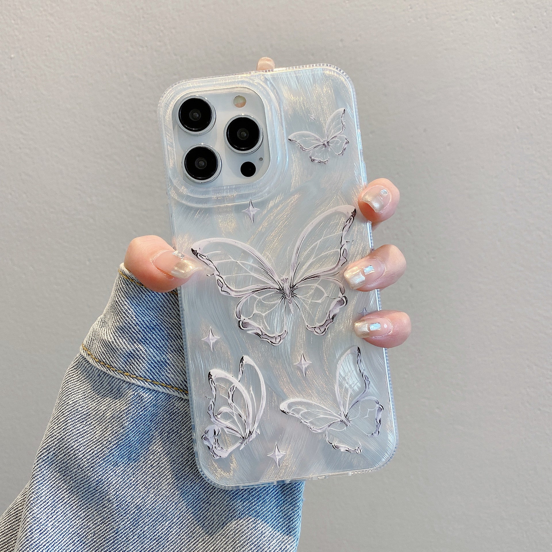 Applicable to iPhone15 Premium Feather Shell Apple 16 Butterfly Pearl Chain Apple 11 Silver Hard Shell Protective Case