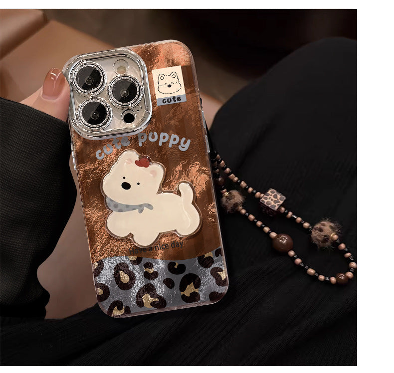 Cute puppy bracelet iPhone12 for iPhone16 Pro mobile phone case iPhone15 leopard print glacier pattern iPhone14 splicing 13 lens film X