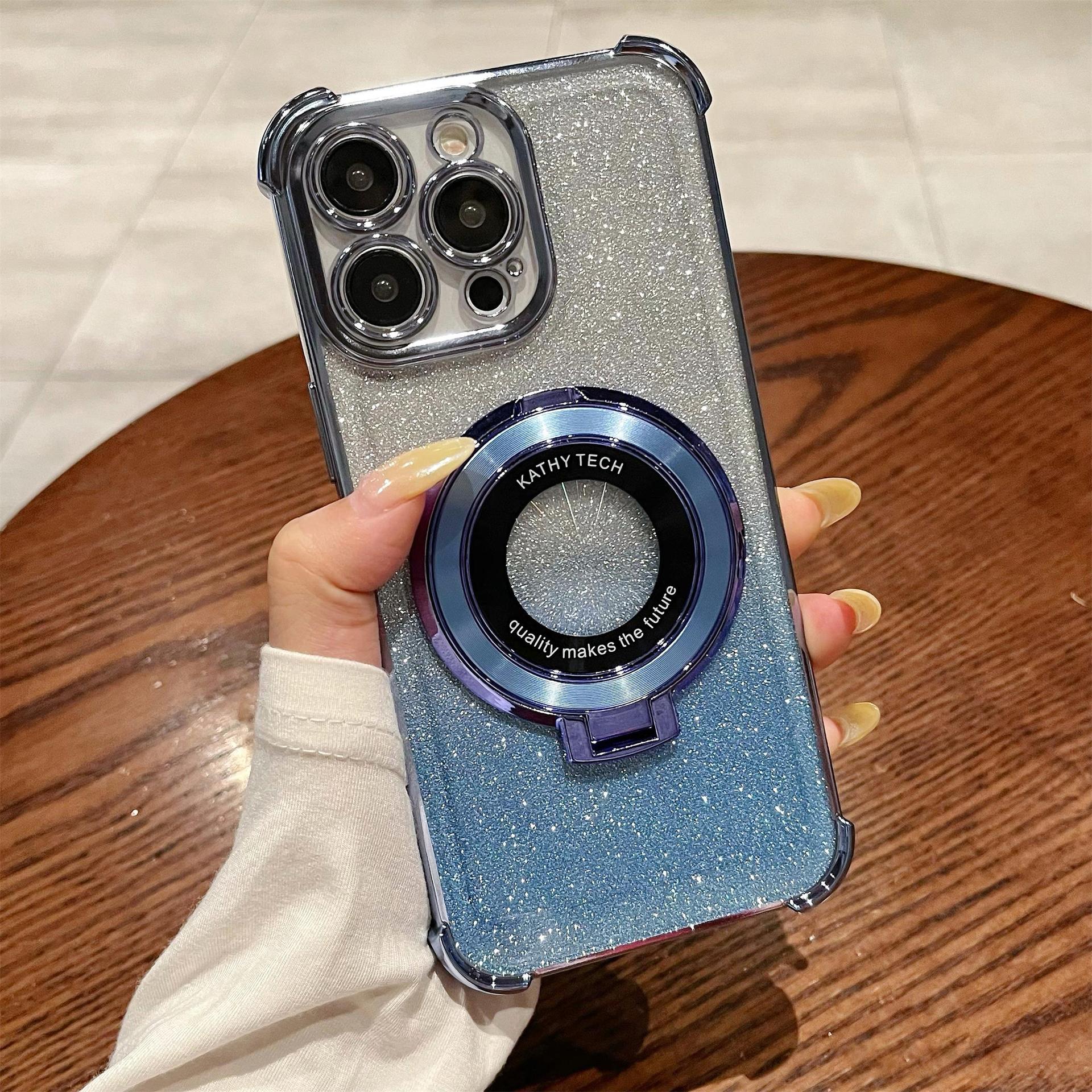 iPhone16 electroplated four-corner anti-drop mobile phone case magnetic suction bracket is suitable for Apple 15 gradual change glitter protective cover 13