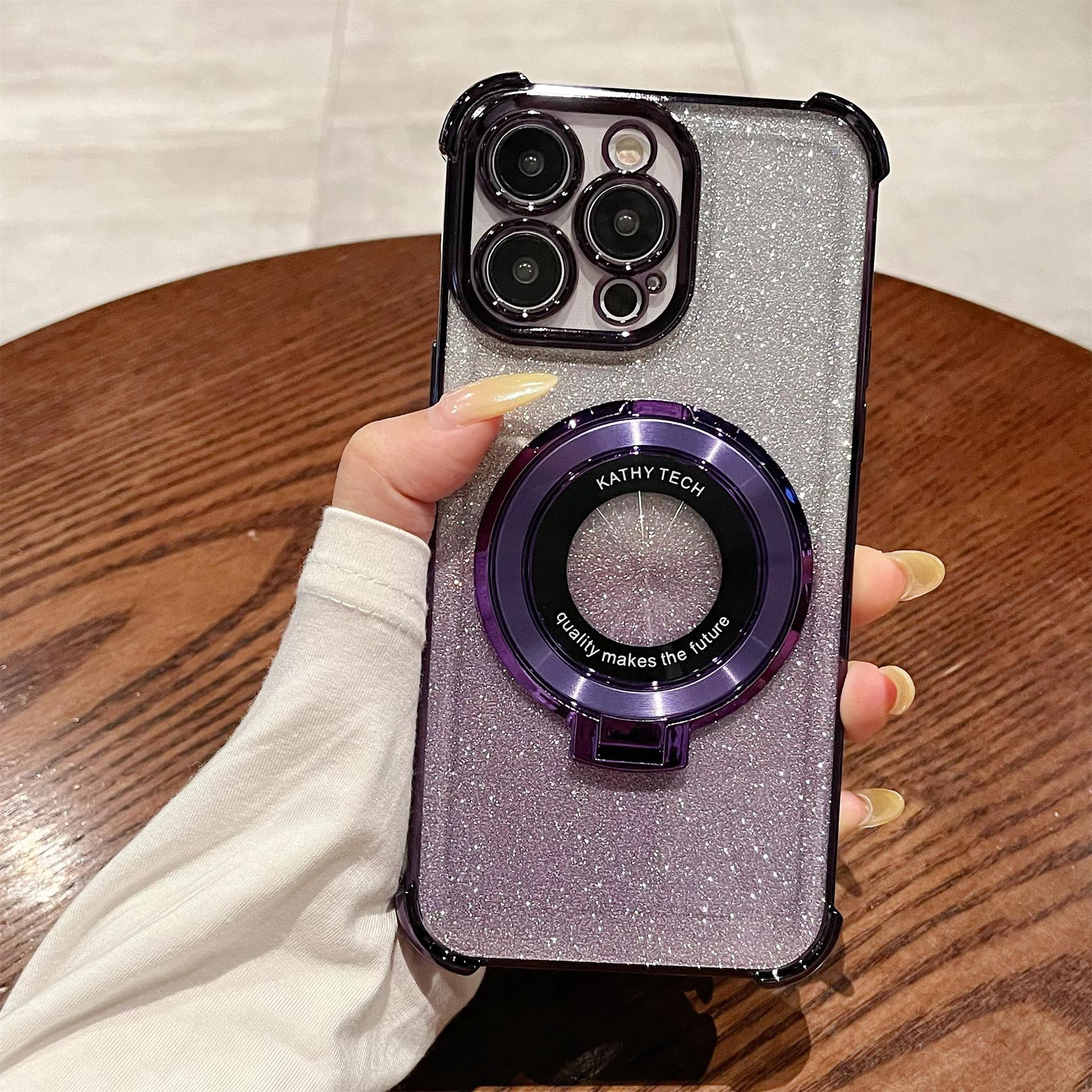 iPhone16 electroplated four-corner anti-drop mobile phone case magnetic suction bracket is suitable for Apple 15 gradual change glitter protective cover 13