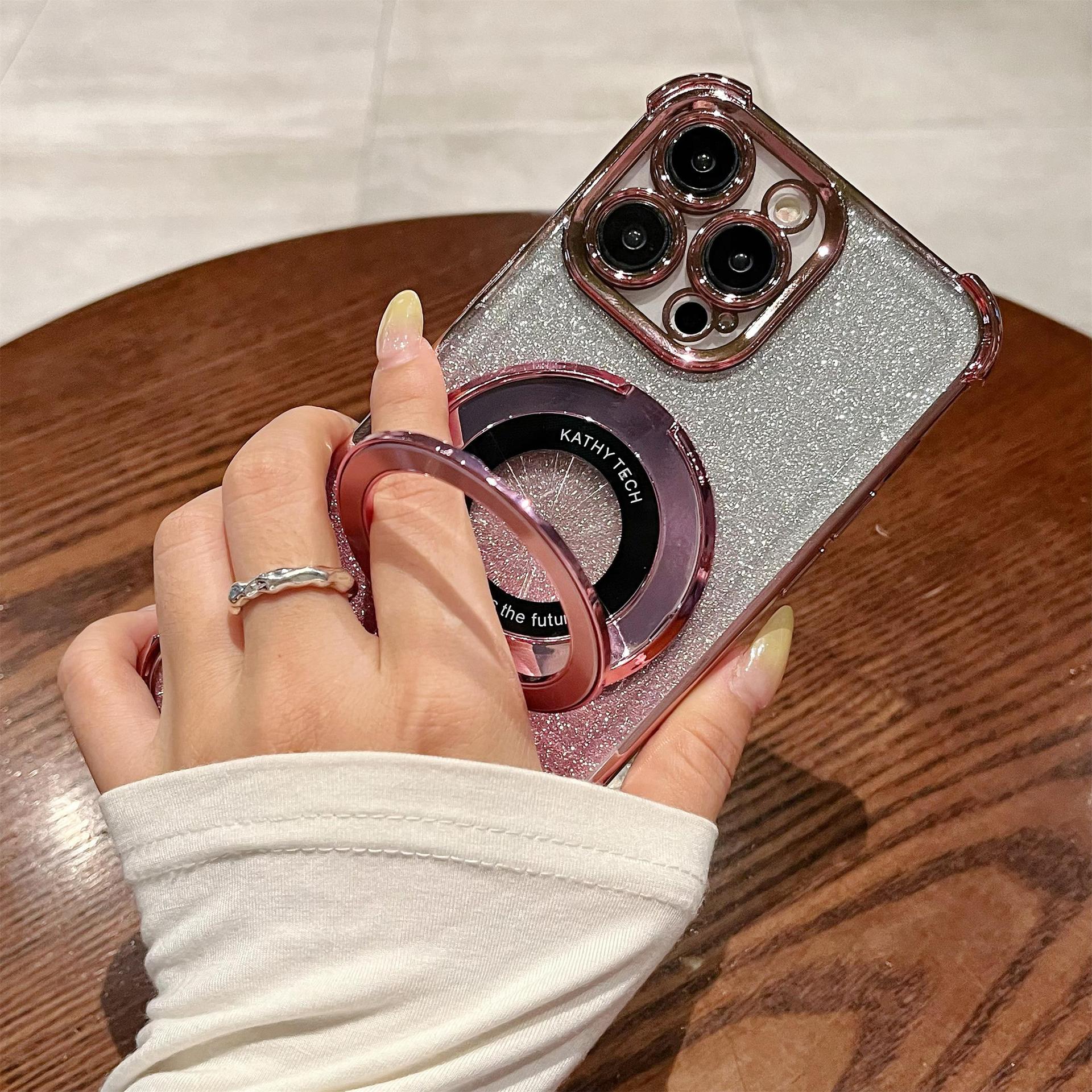 iPhone16 electroplated four-corner anti-drop mobile phone case magnetic suction bracket is suitable for Apple 15 gradual change glitter protective cover 13