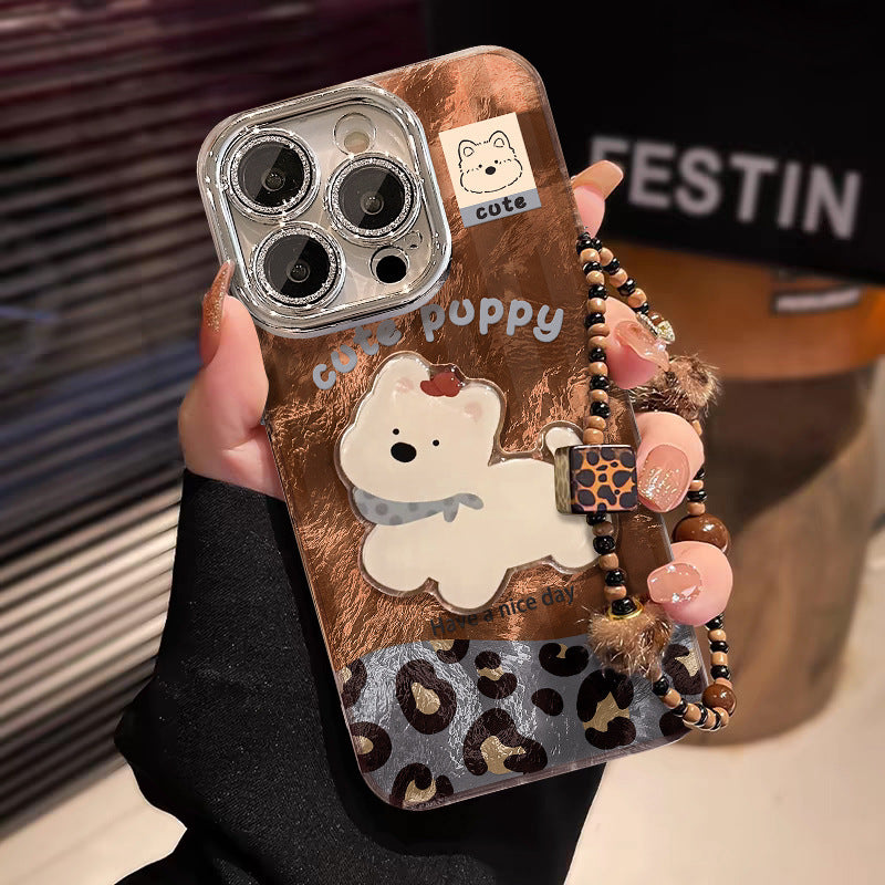 Cute puppy bracelet iPhone12 for iPhone16 Pro mobile phone case iPhone15 leopard print glacier pattern iPhone14 splicing 13 lens film X