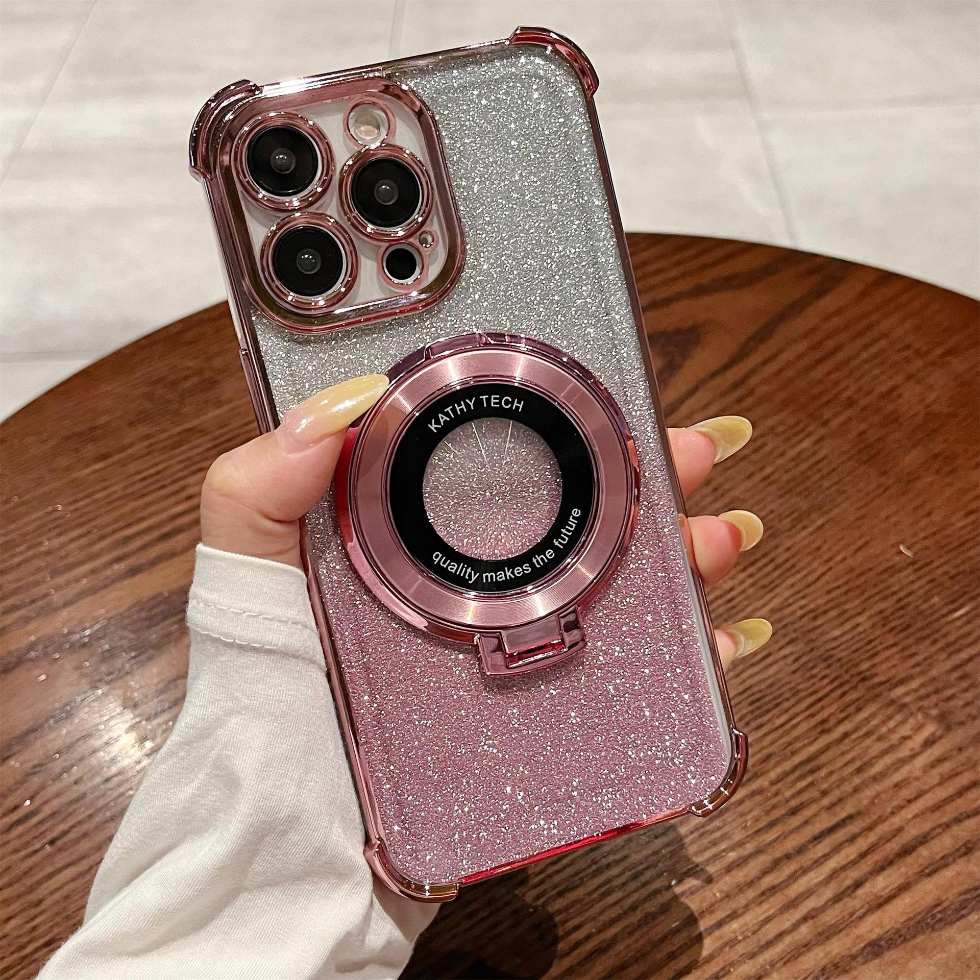 iPhone16 electroplated four-corner anti-drop mobile phone case magnetic suction bracket is suitable for Apple 15 gradual change glitter protective cover 13