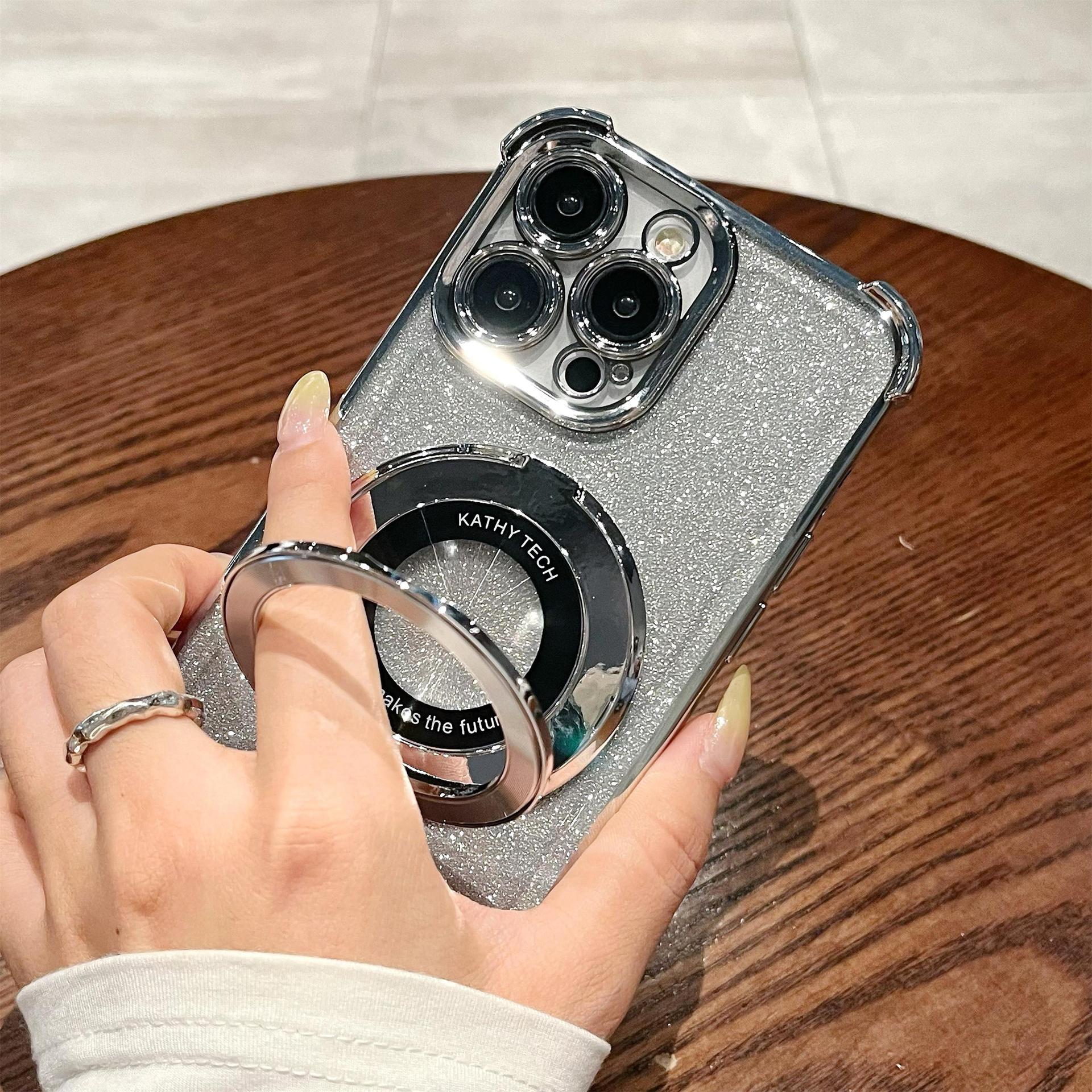 iPhone16 electroplated four-corner anti-drop mobile phone case magnetic suction bracket is suitable for Apple 15 gradual change glitter protective cover 13