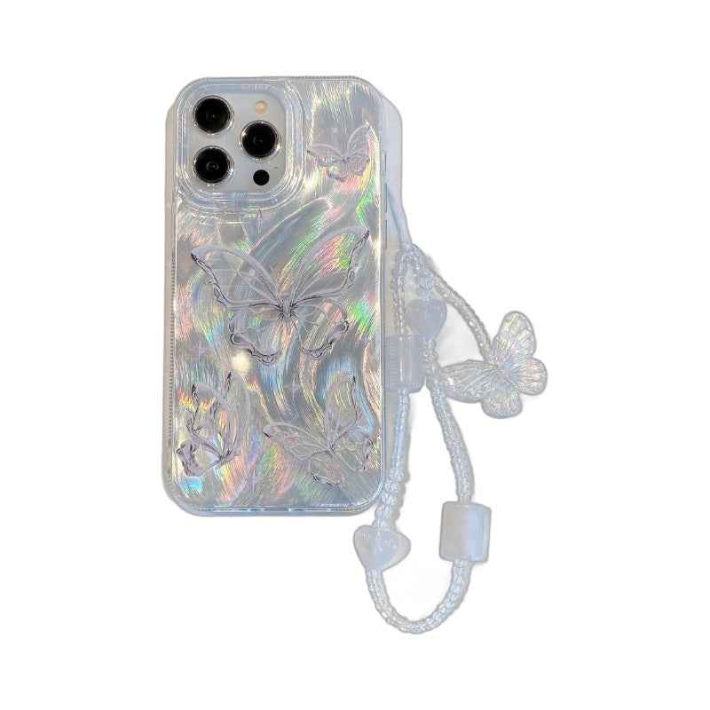 Applicable to iPhone15 Premium Feather Shell Apple 16 Butterfly Pearl Chain Apple 11 Silver Hard Shell Protective Case