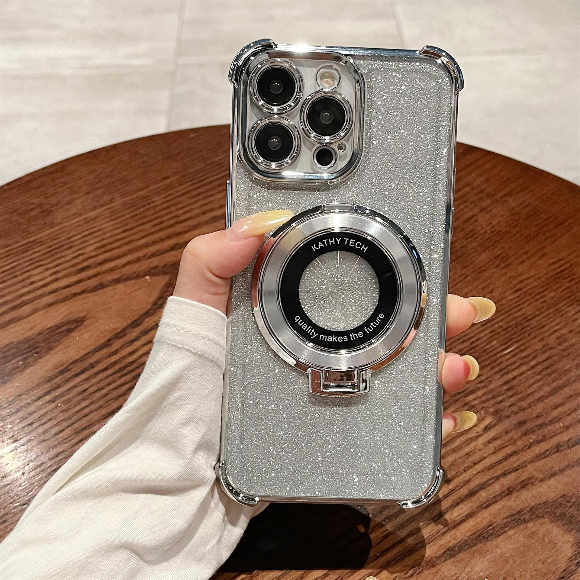 iPhone16 electroplated four-corner anti-drop mobile phone case magnetic suction bracket is suitable for Apple 15 gradual change glitter protective cover 13