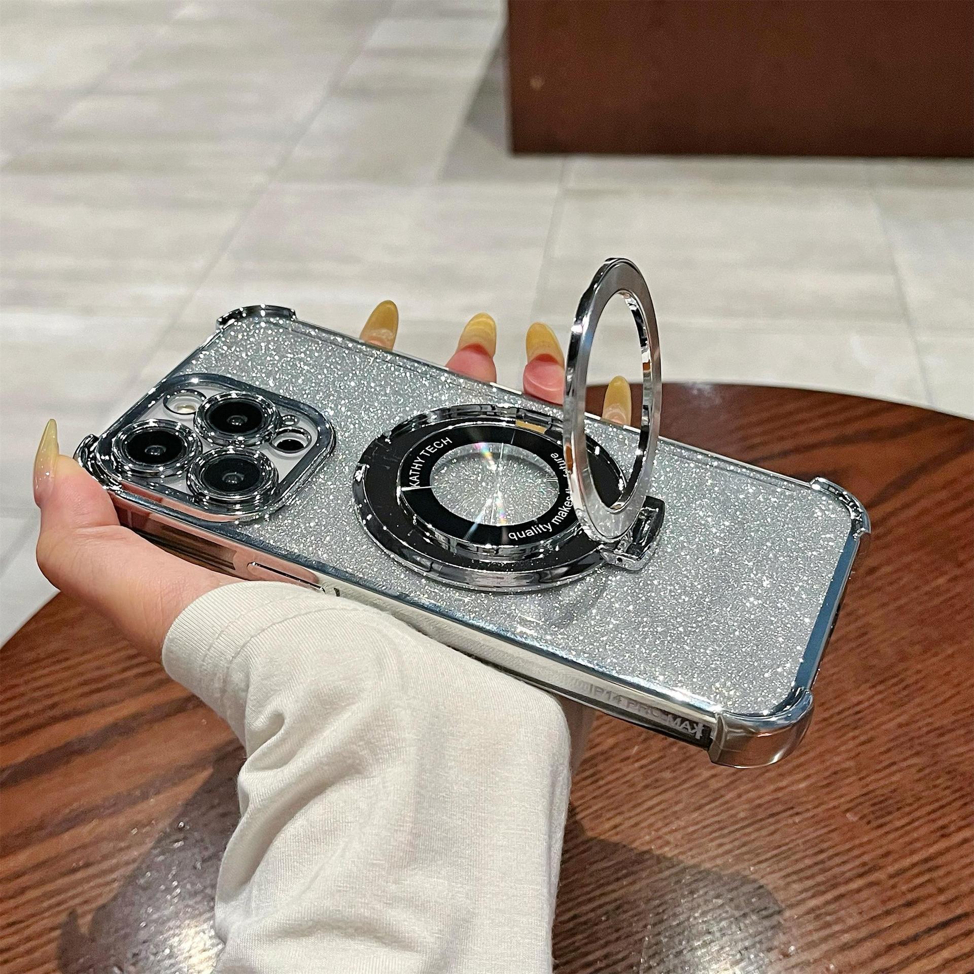 iPhone16 electroplated four-corner anti-drop mobile phone case magnetic suction bracket is suitable for Apple 15 gradual change glitter protective cover 13