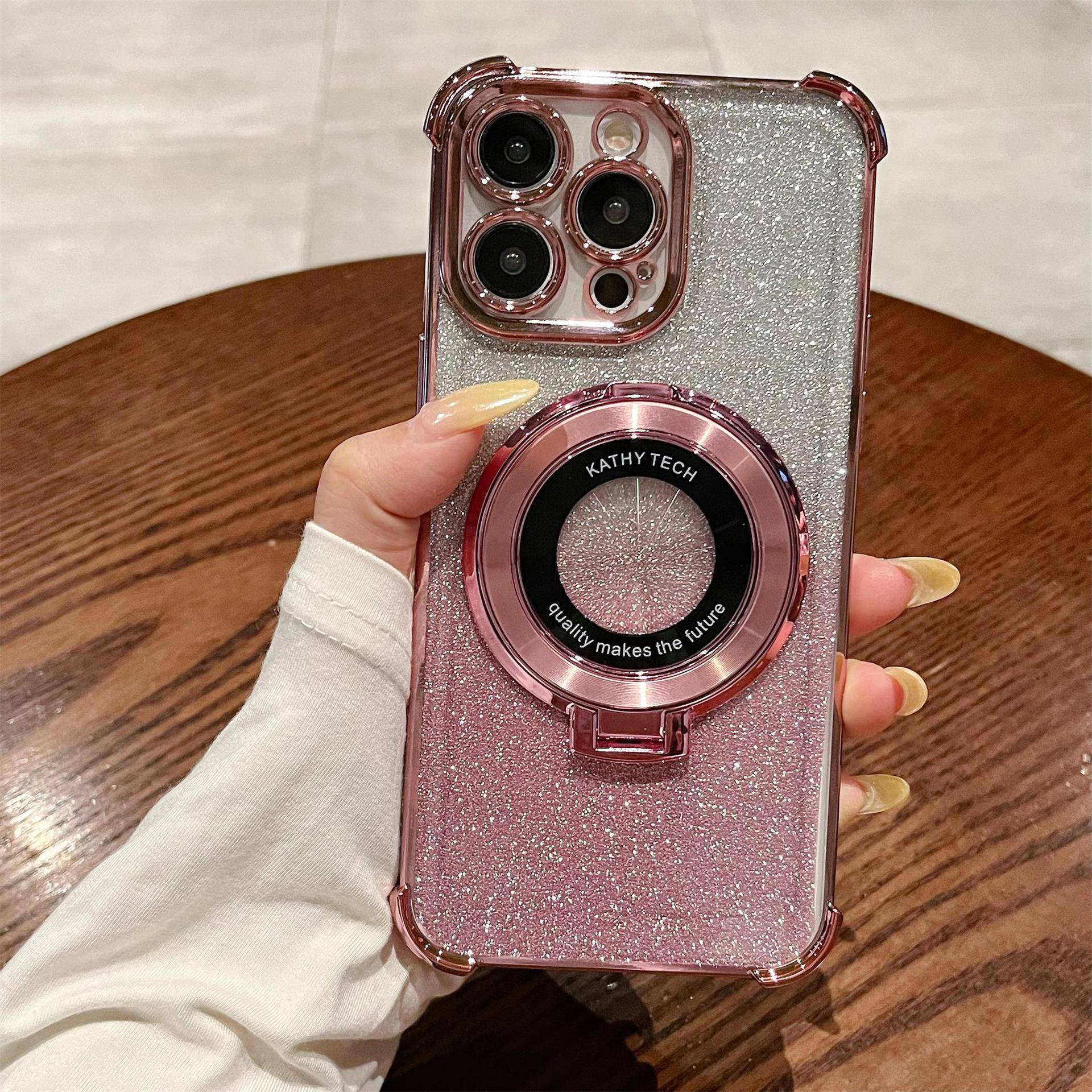 iPhone16 electroplated four-corner anti-drop mobile phone case magnetic suction bracket is suitable for Apple 15 gradual change glitter protective cover 13