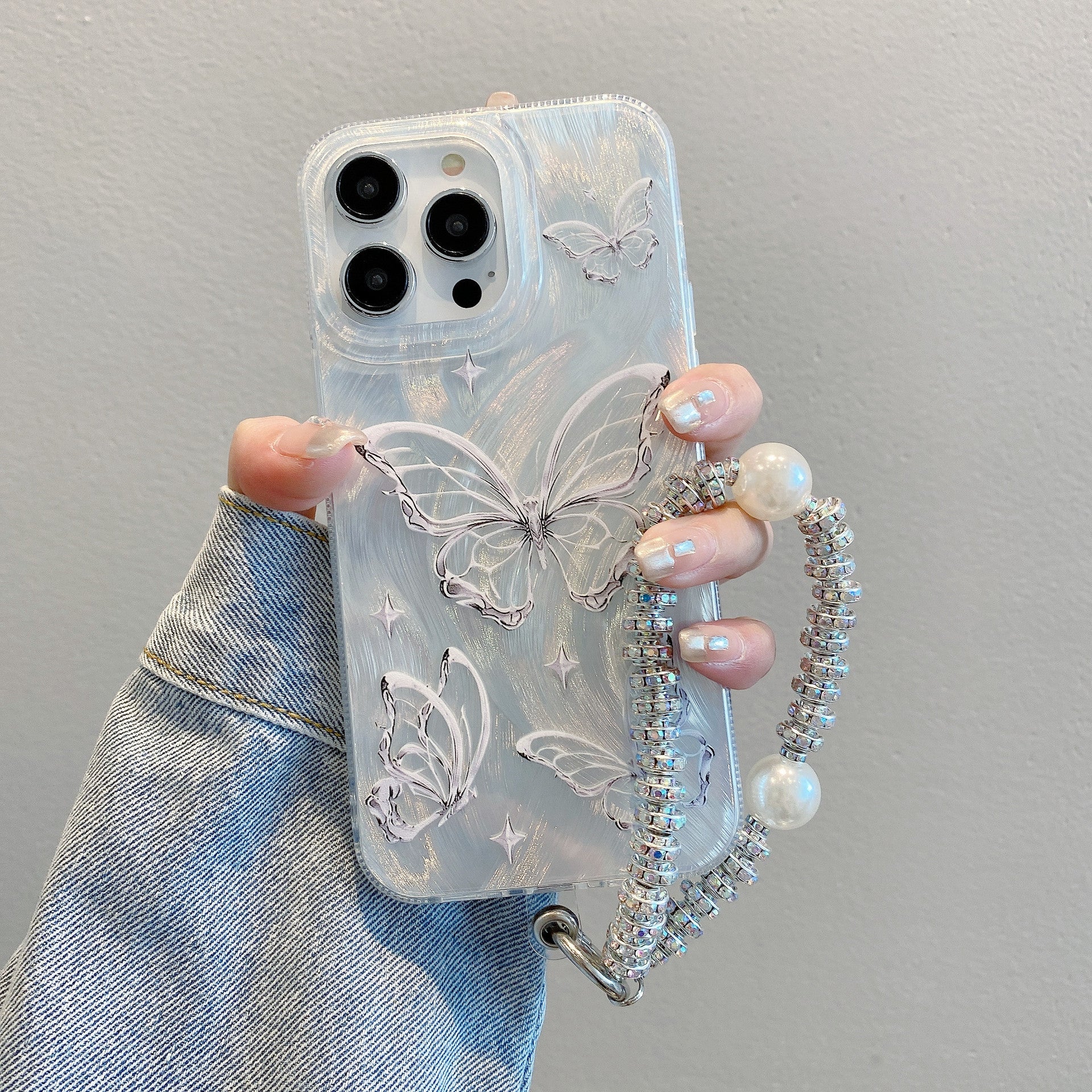 Applicable to iPhone15 Premium Feather Shell Apple 16 Butterfly Pearl Chain Apple 11 Silver Hard Shell Protective Case