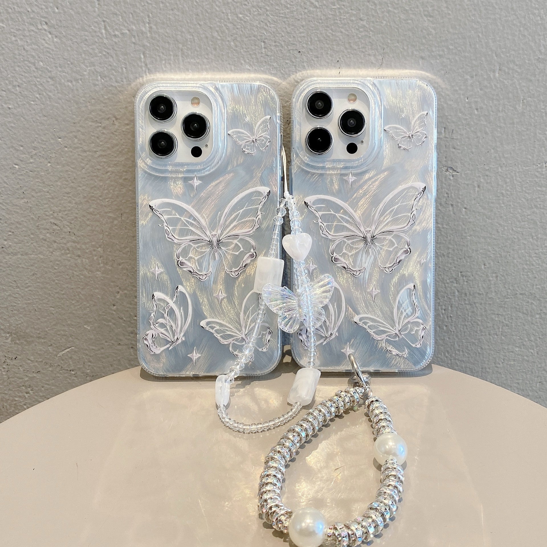 Applicable to iPhone15 Premium Feather Shell Apple 16 Butterfly Pearl Chain Apple 11 Silver Hard Shell Protective Case