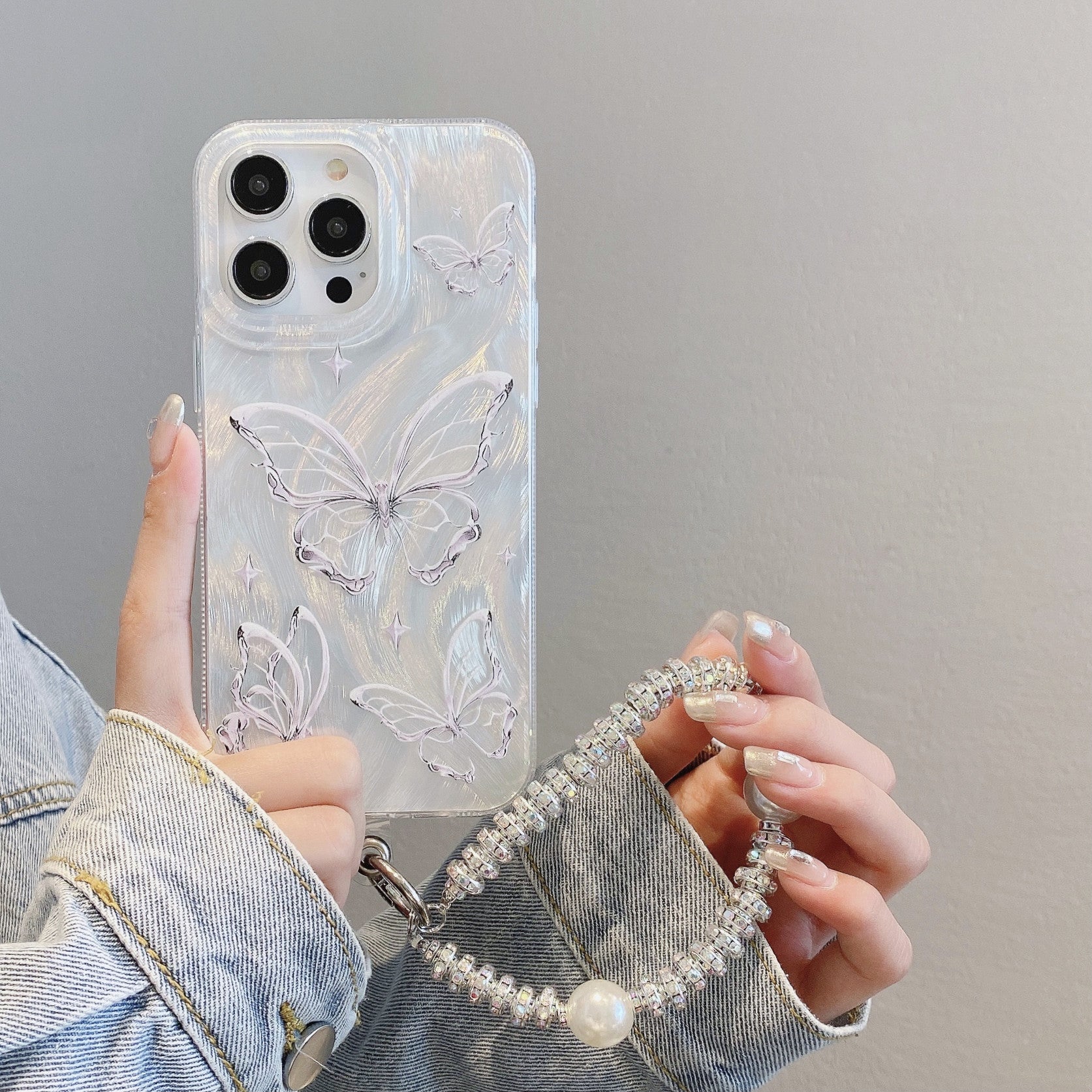 Applicable to iPhone15 Premium Feather Shell Apple 16 Butterfly Pearl Chain Apple 11 Silver Hard Shell Protective Case