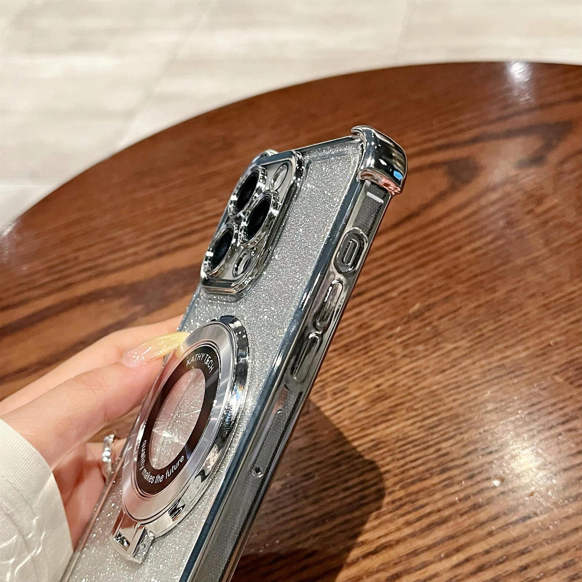 iPhone16 electroplated four-corner anti-drop mobile phone case magnetic suction bracket is suitable for Apple 15 gradual change glitter protective cover 13