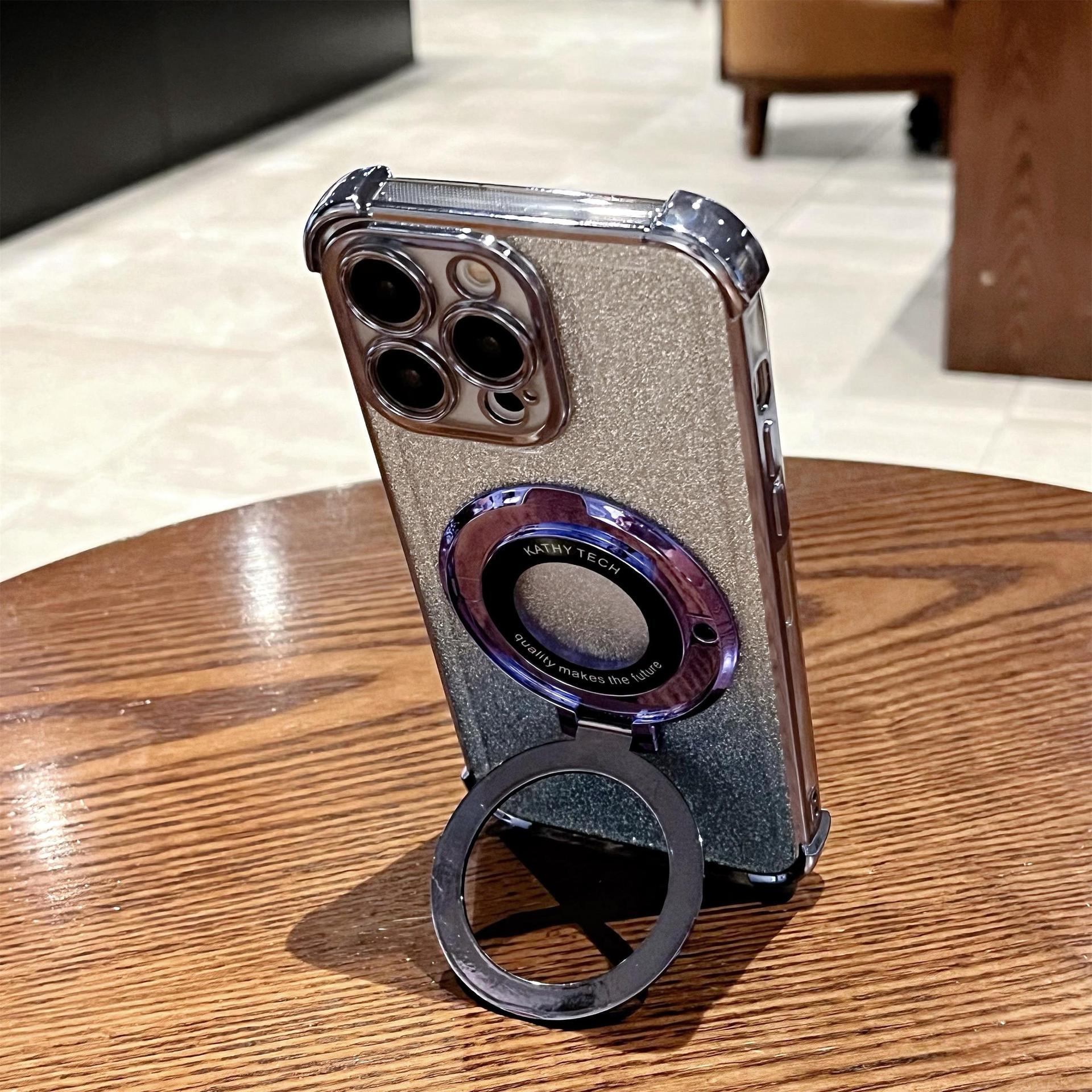 iPhone16 electroplated four-corner anti-drop mobile phone case magnetic suction bracket is suitable for Apple 15 gradual change glitter protective cover 13