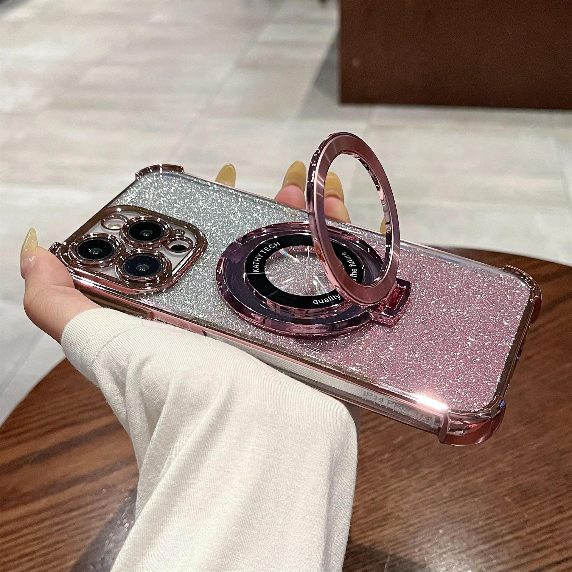 iPhone16 electroplated four-corner anti-drop mobile phone case magnetic suction bracket is suitable for Apple 15 gradual change glitter protective cover 13