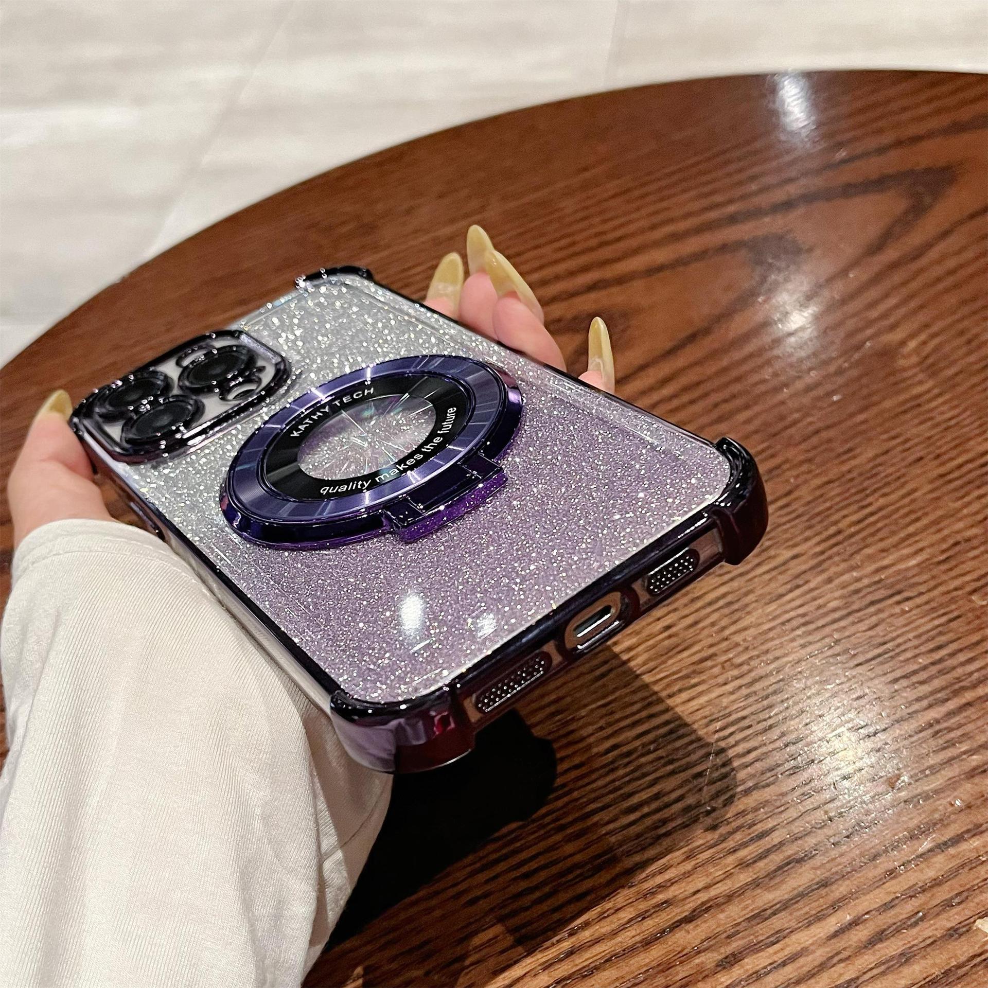 iPhone16 electroplated four-corner anti-drop mobile phone case magnetic suction bracket is suitable for Apple 15 gradual change glitter protective cover 13