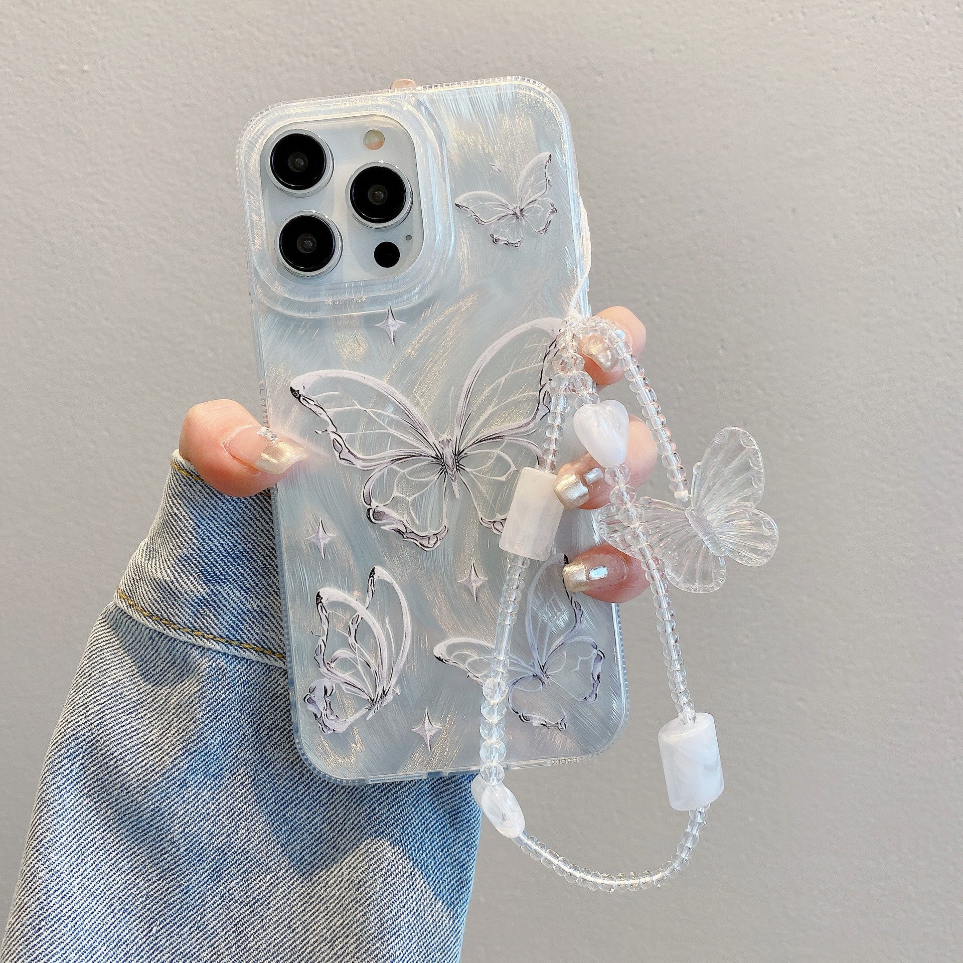 Applicable to iPhone15 Premium Feather Shell Apple 16 Butterfly Pearl Chain Apple 11 Silver Hard Shell Protective Case