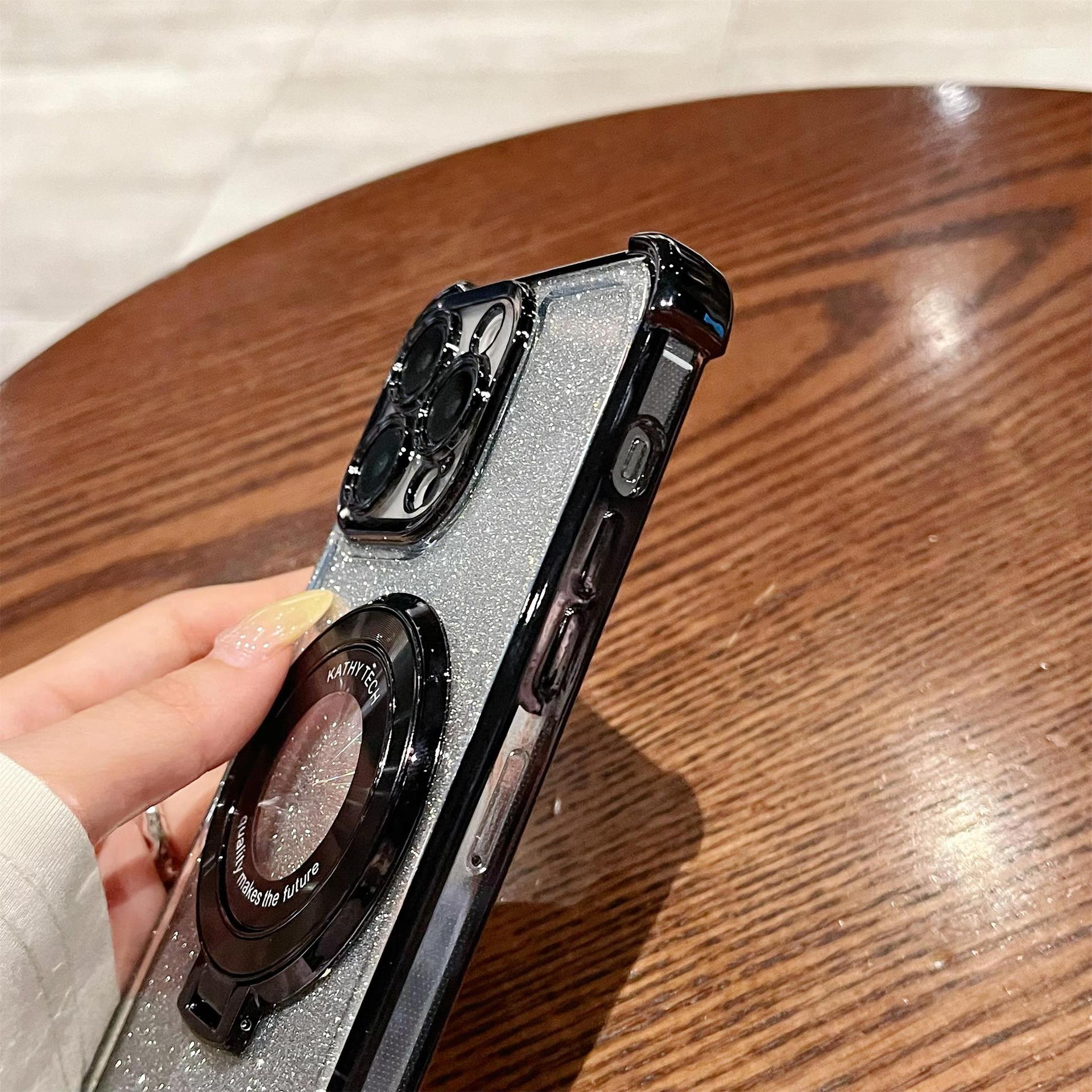 iPhone16 electroplated four-corner anti-drop mobile phone case magnetic suction bracket is suitable for Apple 15 gradual change glitter protective cover 13