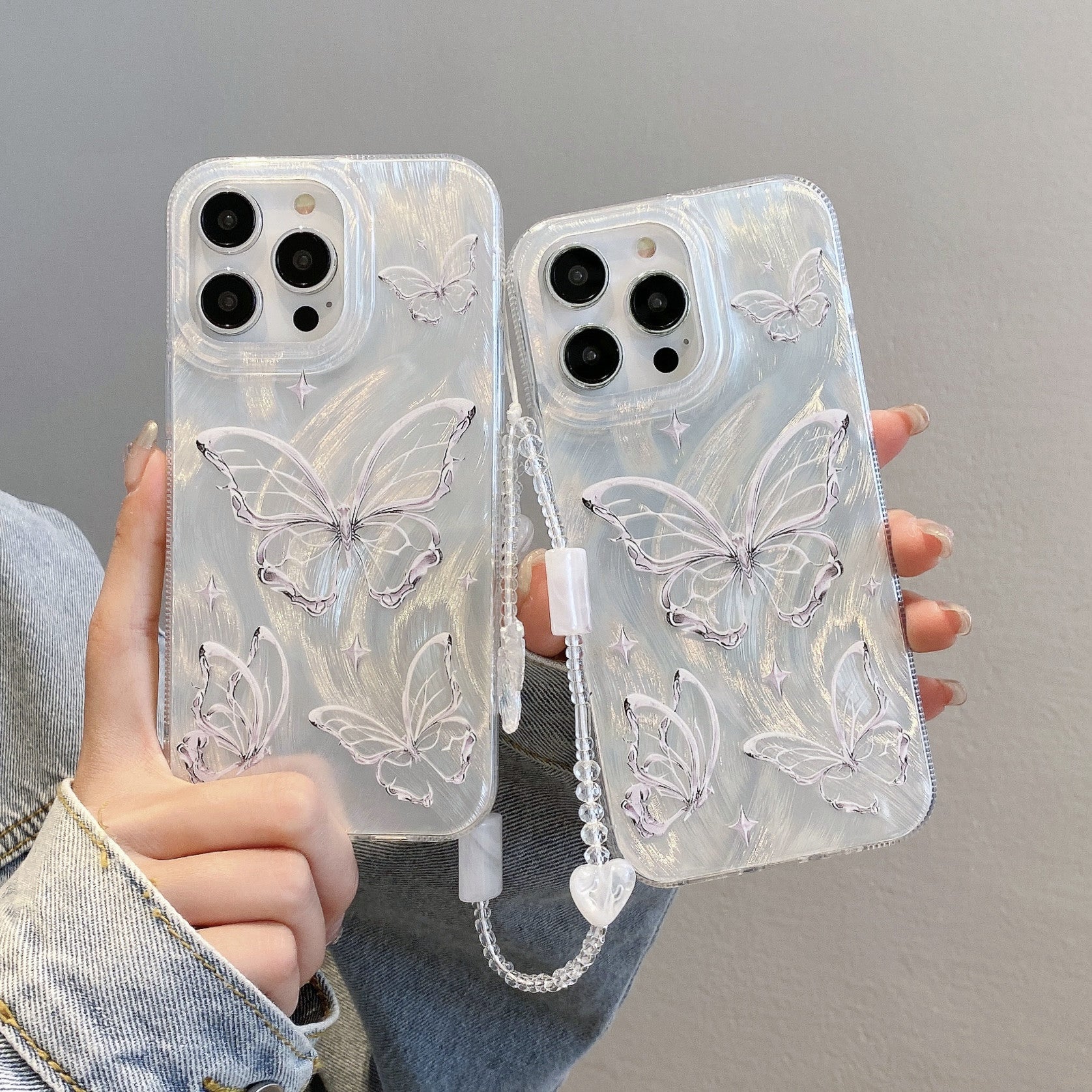 Applicable to iPhone15 Premium Feather Shell Apple 16 Butterfly Pearl Chain Apple 11 Silver Hard Shell Protective Case