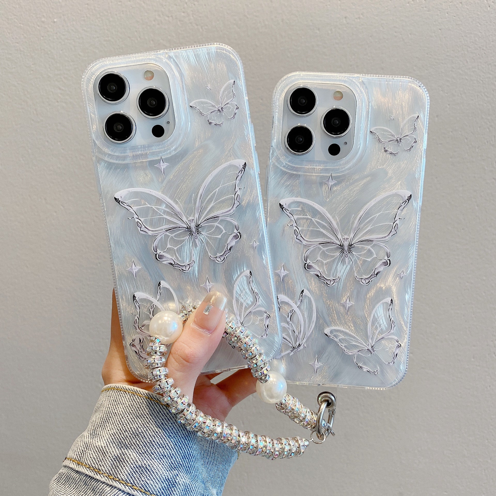 Applicable to iPhone15 Premium Feather Shell Apple 16 Butterfly Pearl Chain Apple 11 Silver Hard Shell Protective Case
