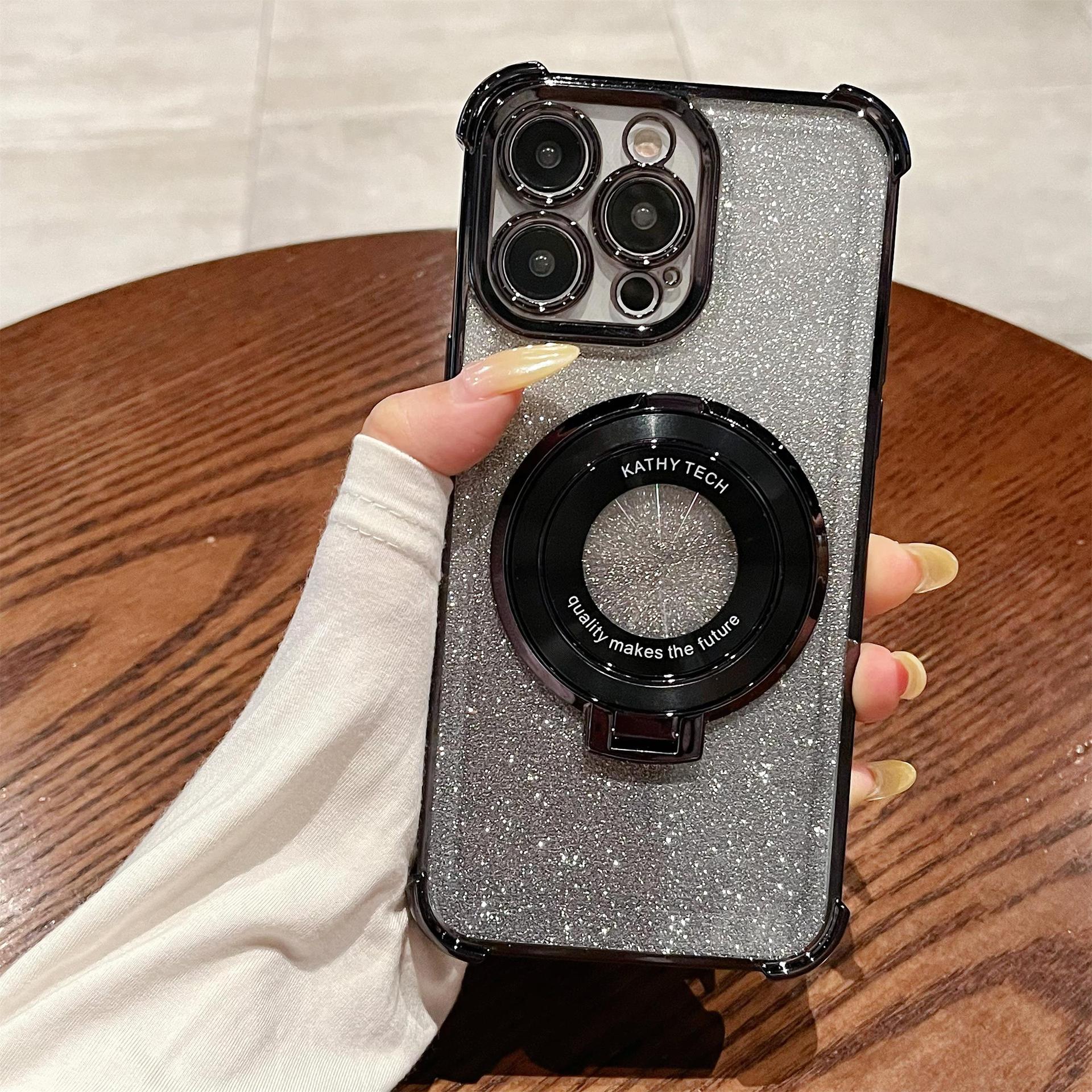 iPhone16 electroplated four-corner anti-drop mobile phone case magnetic suction bracket is suitable for Apple 15 gradual change glitter protective cover 13