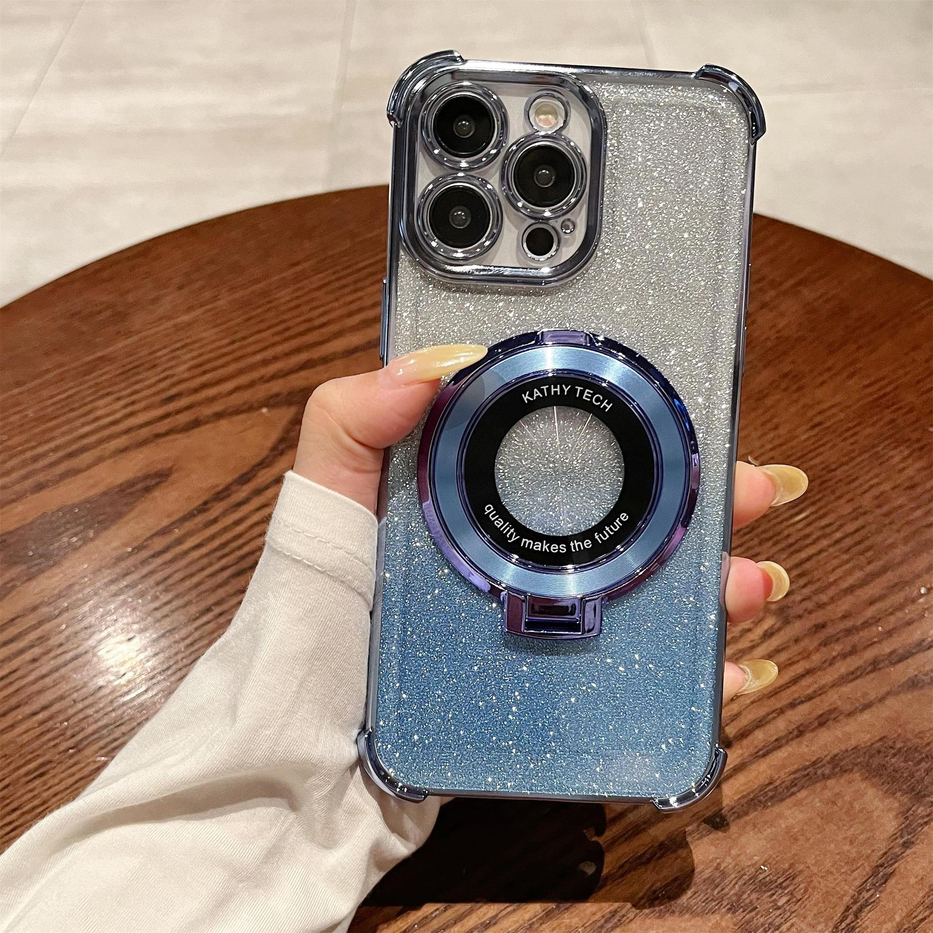 iPhone16 electroplated four-corner anti-drop mobile phone case magnetic suction bracket is suitable for Apple 15 gradual change glitter protective cover 13