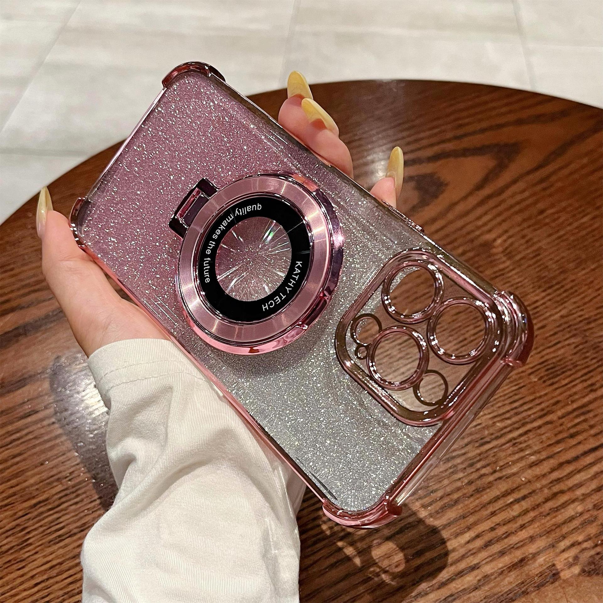 iPhone16 electroplated four-corner anti-drop mobile phone case magnetic suction bracket is suitable for Apple 15 gradual change glitter protective cover 13