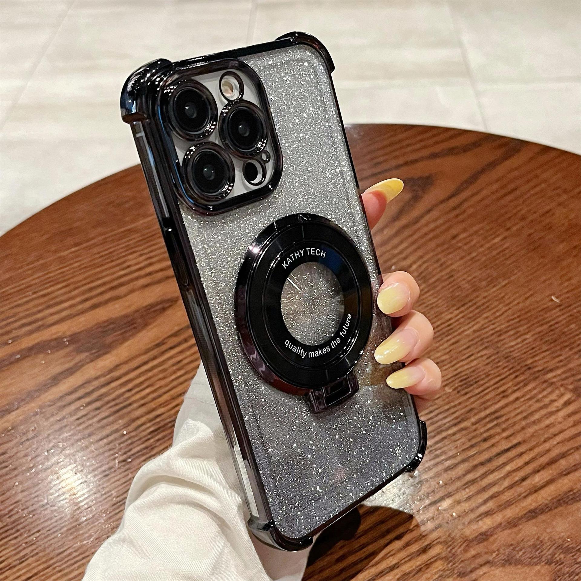 iPhone16 electroplated four-corner anti-drop mobile phone case magnetic suction bracket is suitable for Apple 15 gradual change glitter protective cover 13