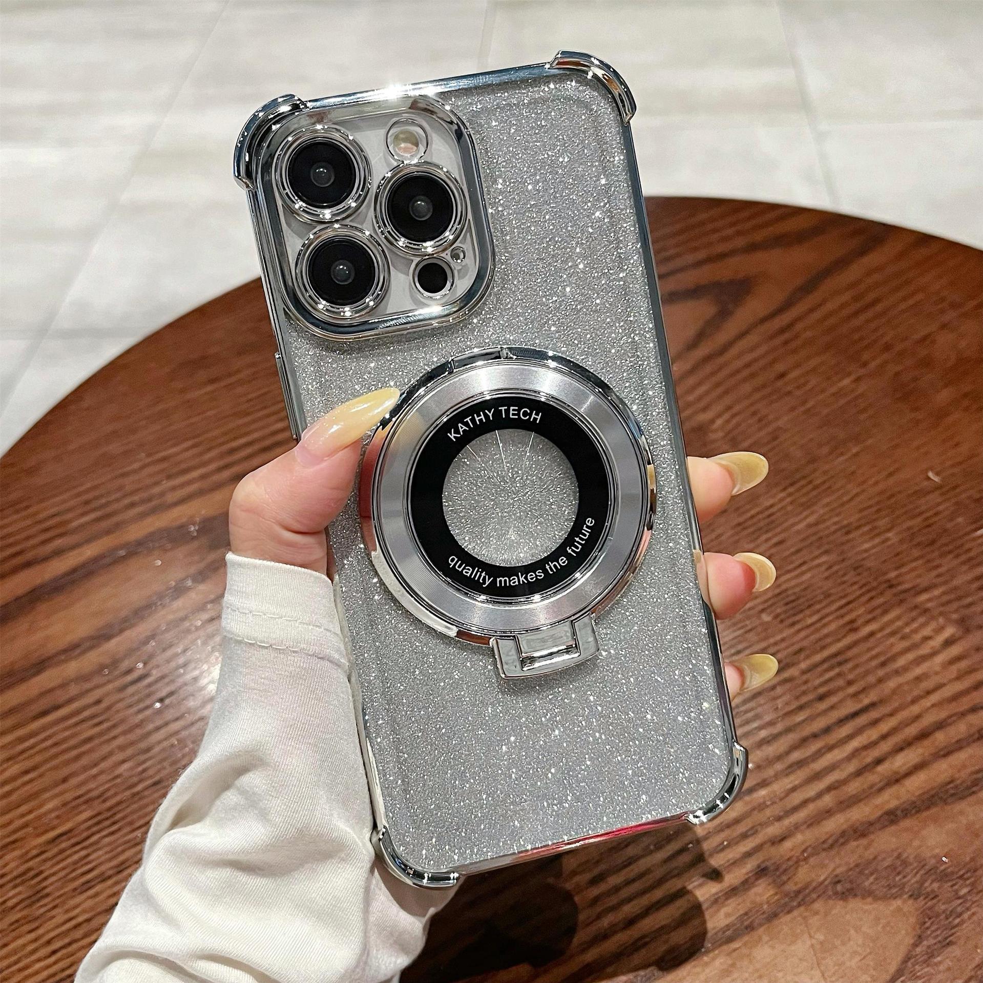 iPhone16 electroplated four-corner anti-drop mobile phone case magnetic suction bracket is suitable for Apple 15 gradual change glitter protective cover 13