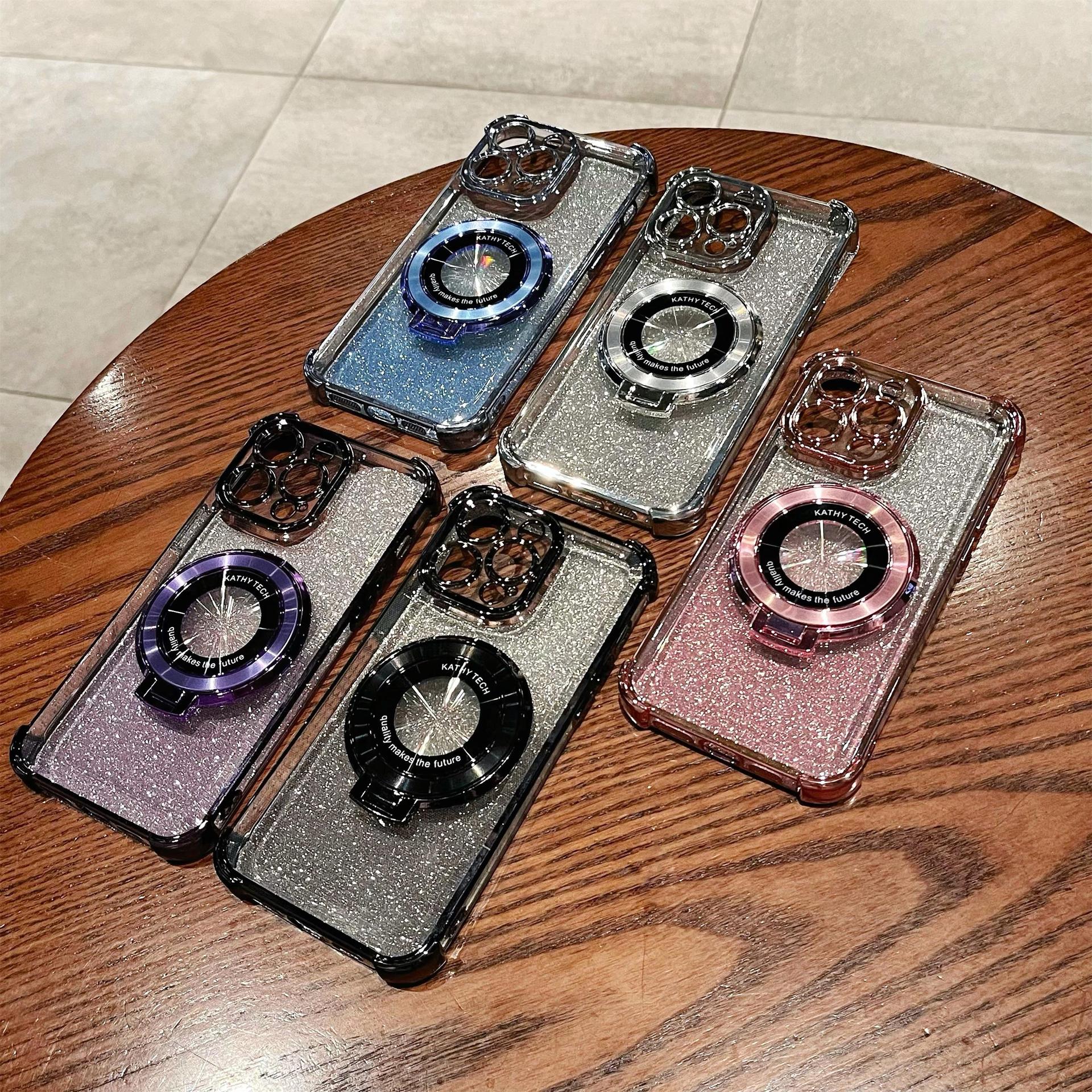 iPhone16 electroplated four-corner anti-drop mobile phone case magnetic suction bracket is suitable for Apple 15 gradual change glitter protective cover 13
