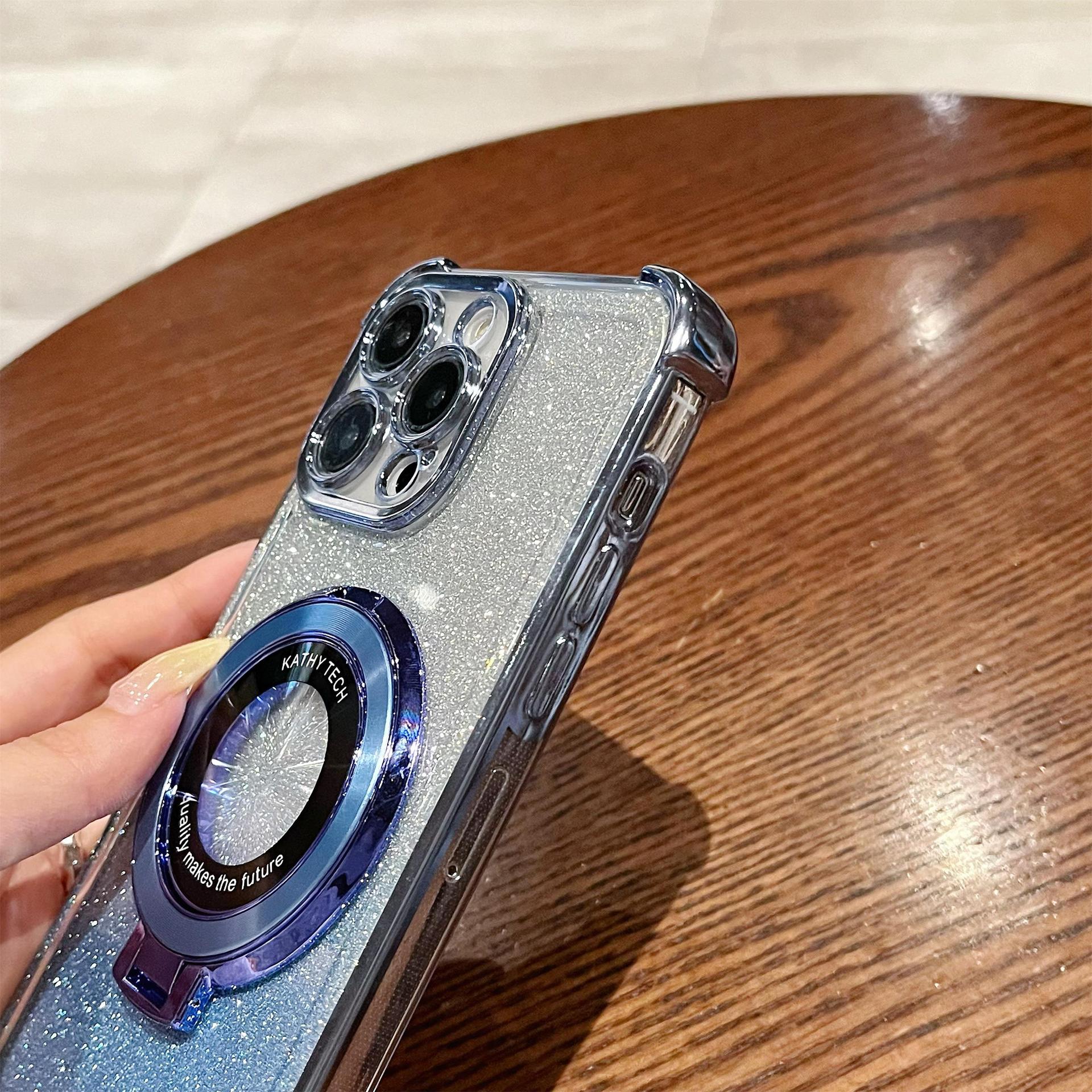 iPhone16 electroplated four-corner anti-drop mobile phone case magnetic suction bracket is suitable for Apple 15 gradual change glitter protective cover 13