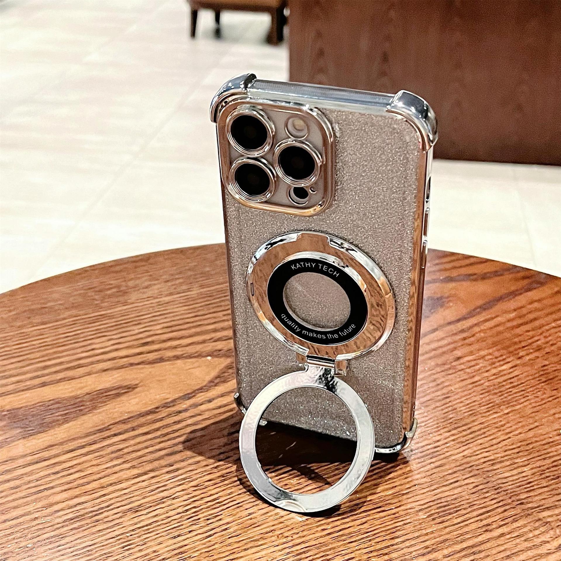 iPhone16 electroplated four-corner anti-drop mobile phone case magnetic suction bracket is suitable for Apple 15 gradual change glitter protective cover 13