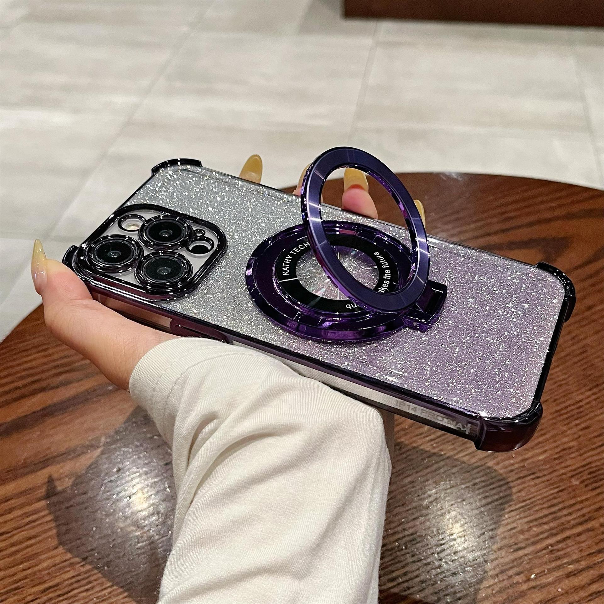 iPhone16 electroplated four-corner anti-drop mobile phone case magnetic suction bracket is suitable for Apple 15 gradual change glitter protective cover 13