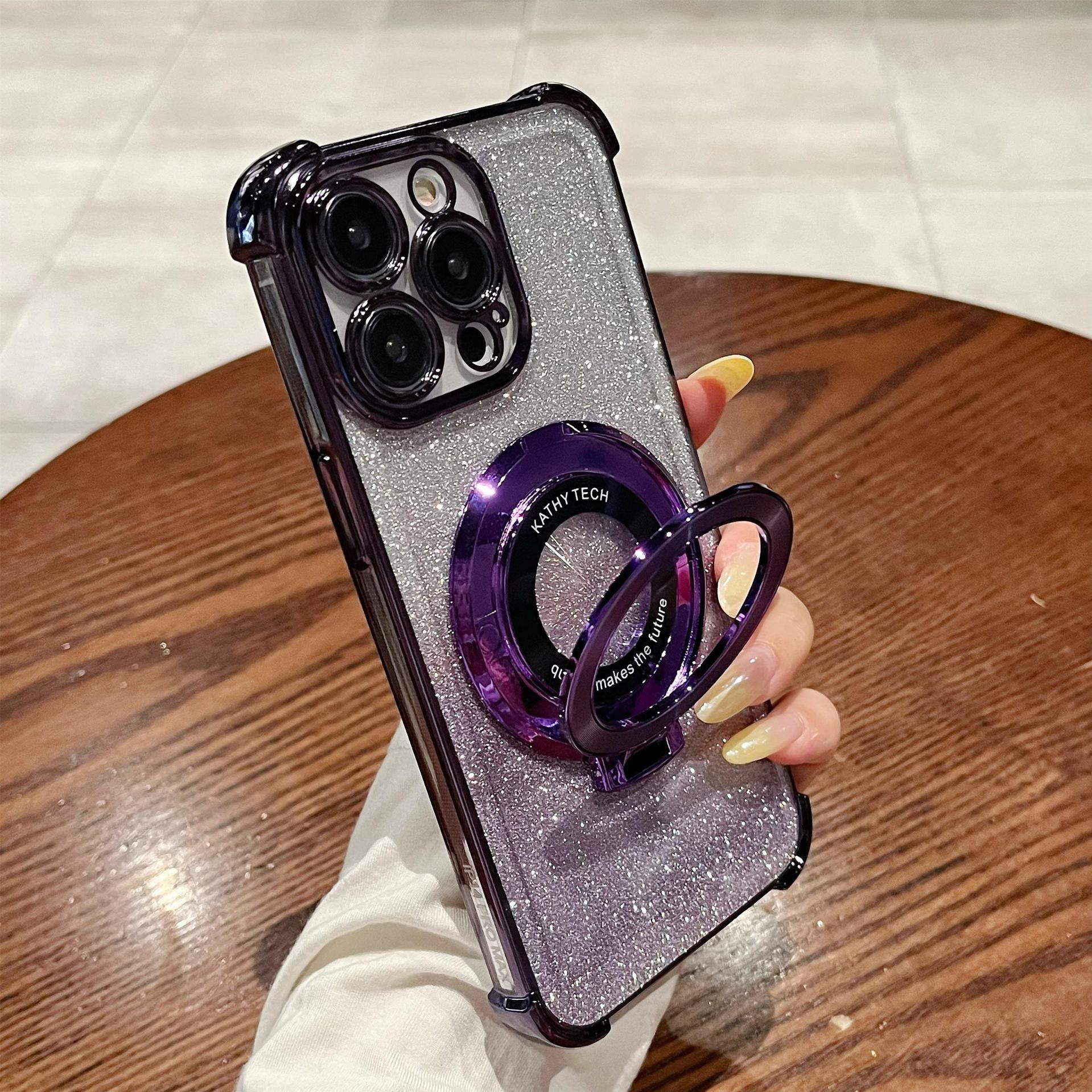 iPhone16 electroplated four-corner anti-drop mobile phone case magnetic suction bracket is suitable for Apple 15 gradual change glitter protective cover 13