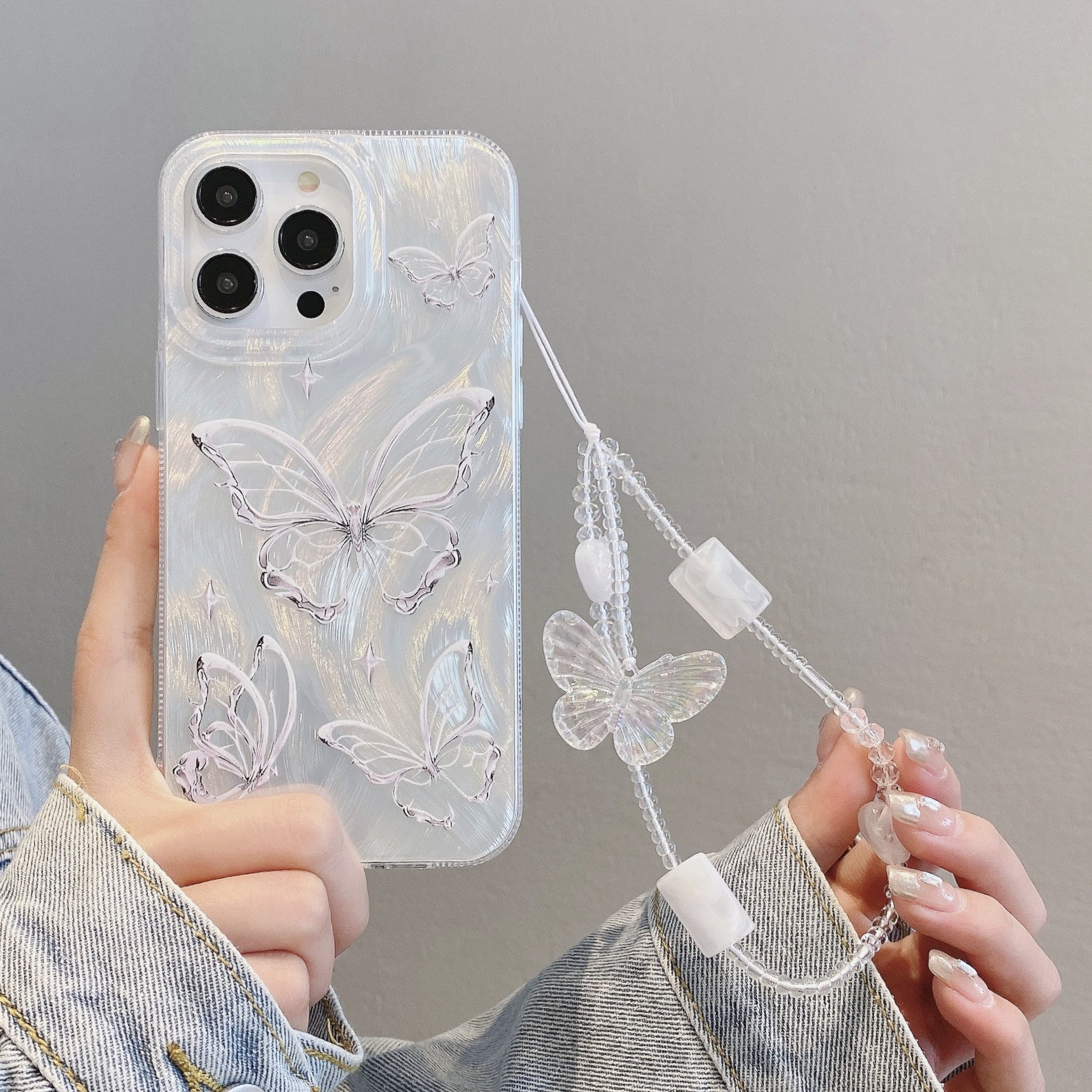 Applicable to iPhone15 Premium Feather Shell Apple 16 Butterfly Pearl Chain Apple 11 Silver Hard Shell Protective Case