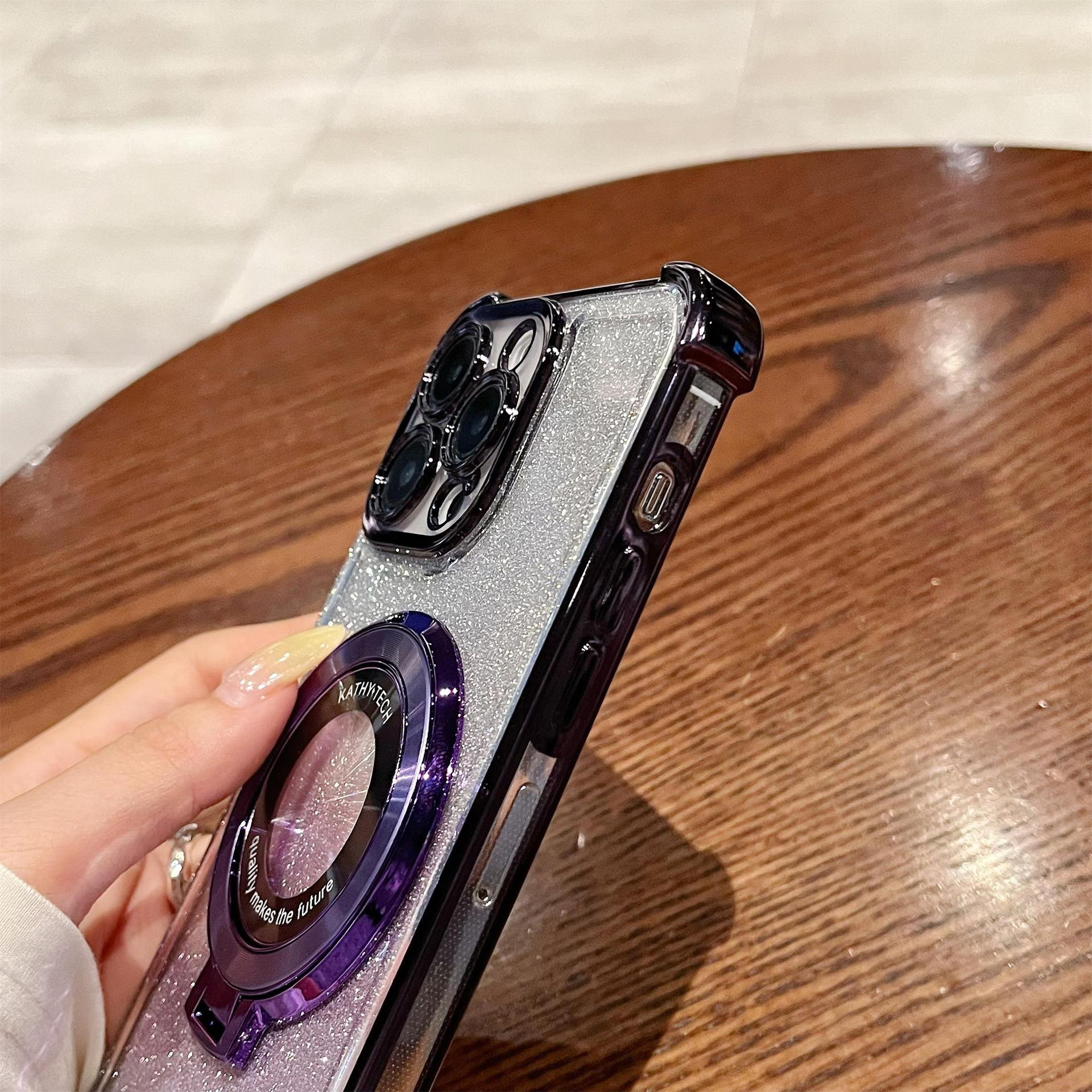 iPhone16 electroplated four-corner anti-drop mobile phone case magnetic suction bracket is suitable for Apple 15 gradual change glitter protective cover 13