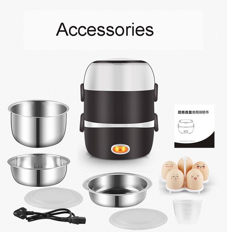 Mini Electric Mini Rice Cooker 2/3 Layer Stainless Steel Liner Portable Egg Boiler Steamer Food Warmer Lunch Box Multi-function Rice Cooker 2L