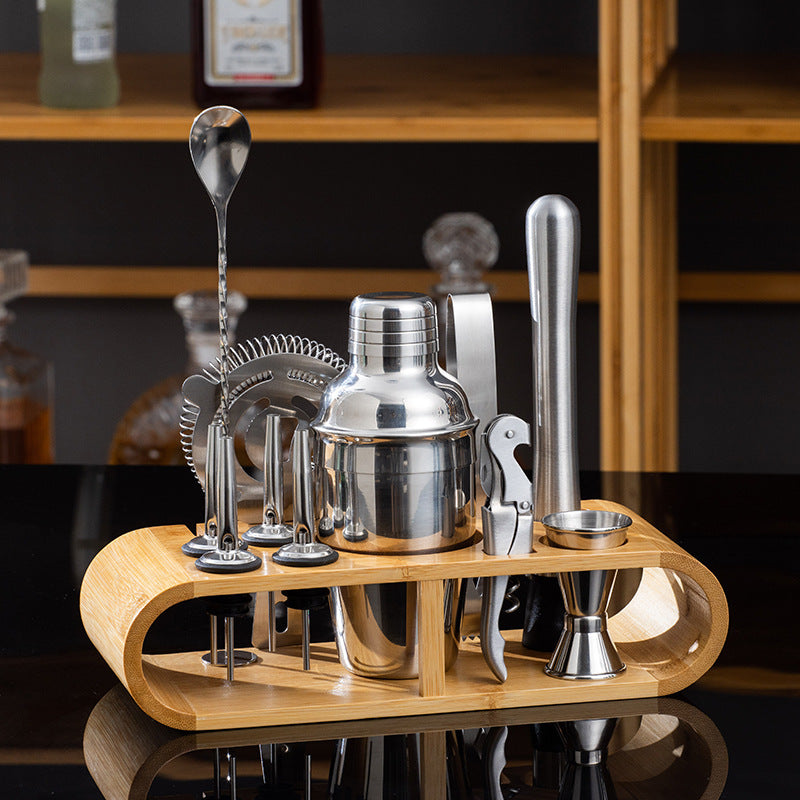 Stainless Steel Cocktail Shaker  with Wooden Stand for Home Bar Party