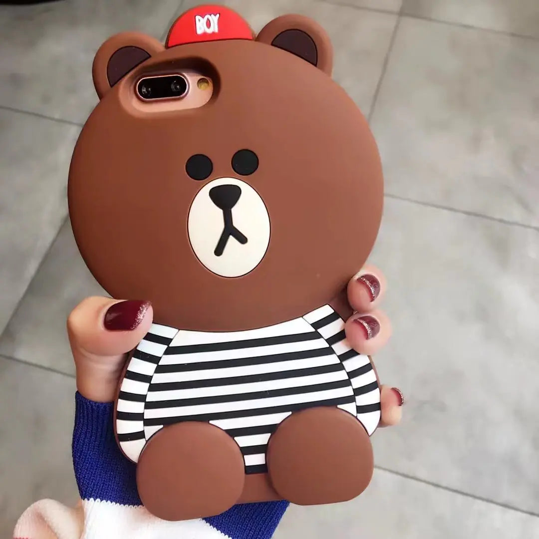 Cartoon Bear Striped Denim Phone Case, Silicone Cover
